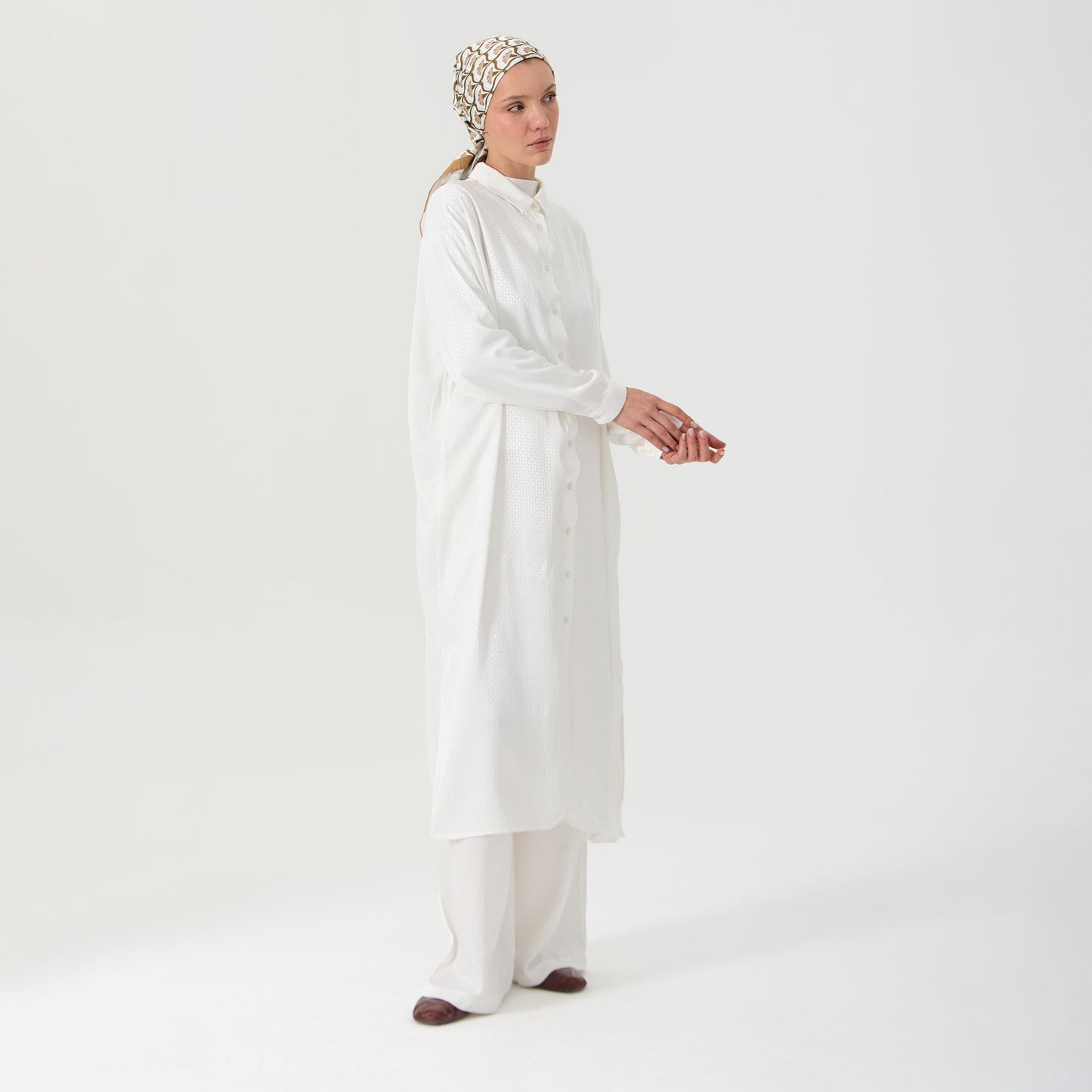 White Emboss Co-Ord Set - Oversized Long Shirt and Wide-Leg Pants
