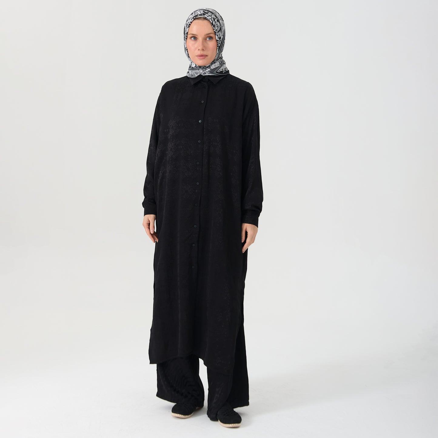 Black Emboss Pattern Oversized Long Shirt Dress