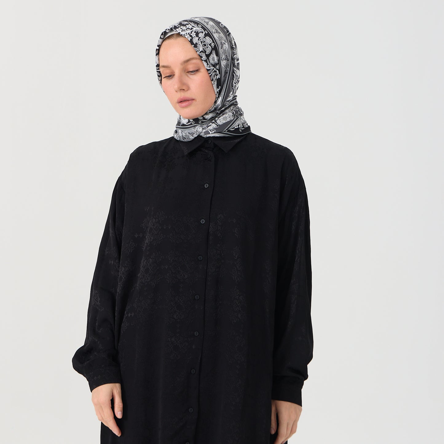Black Emboss Pattern Oversized Long Shirt Dress