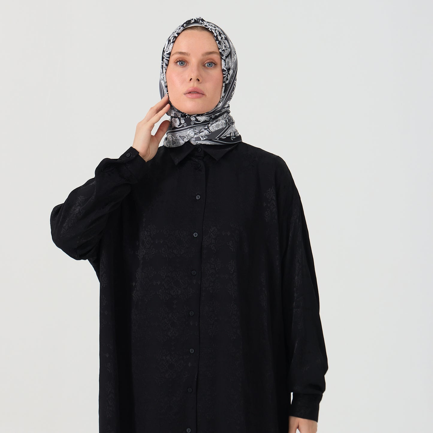 Black Emboss Pattern Oversized Long Shirt Dress