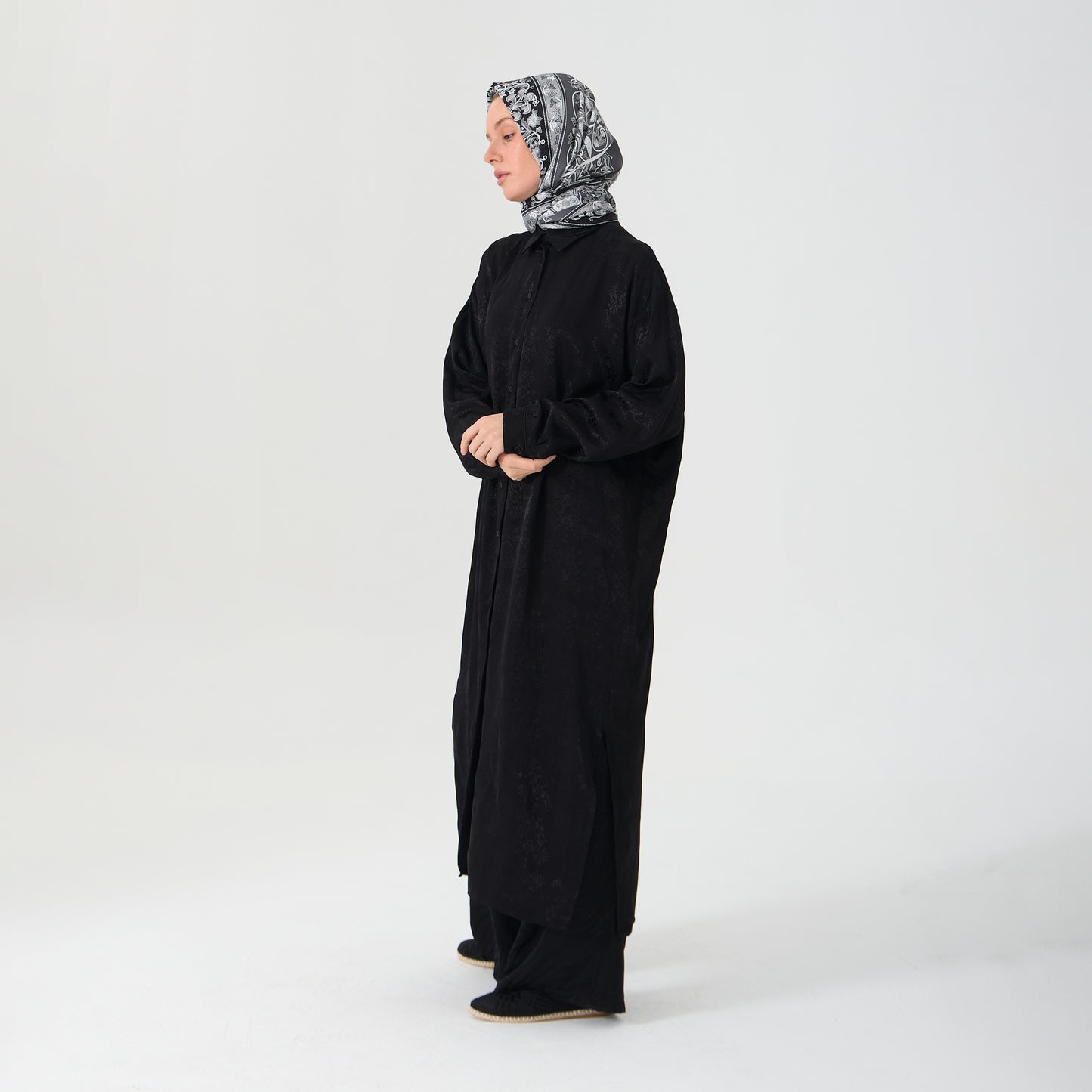 Black Emboss Pattern Oversized Long Shirt Dress