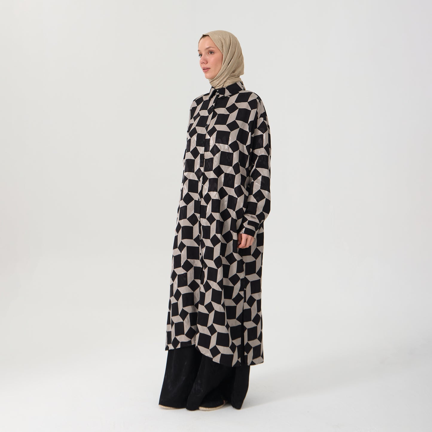 Geometric Pattern Oversized Long Shirt Dress