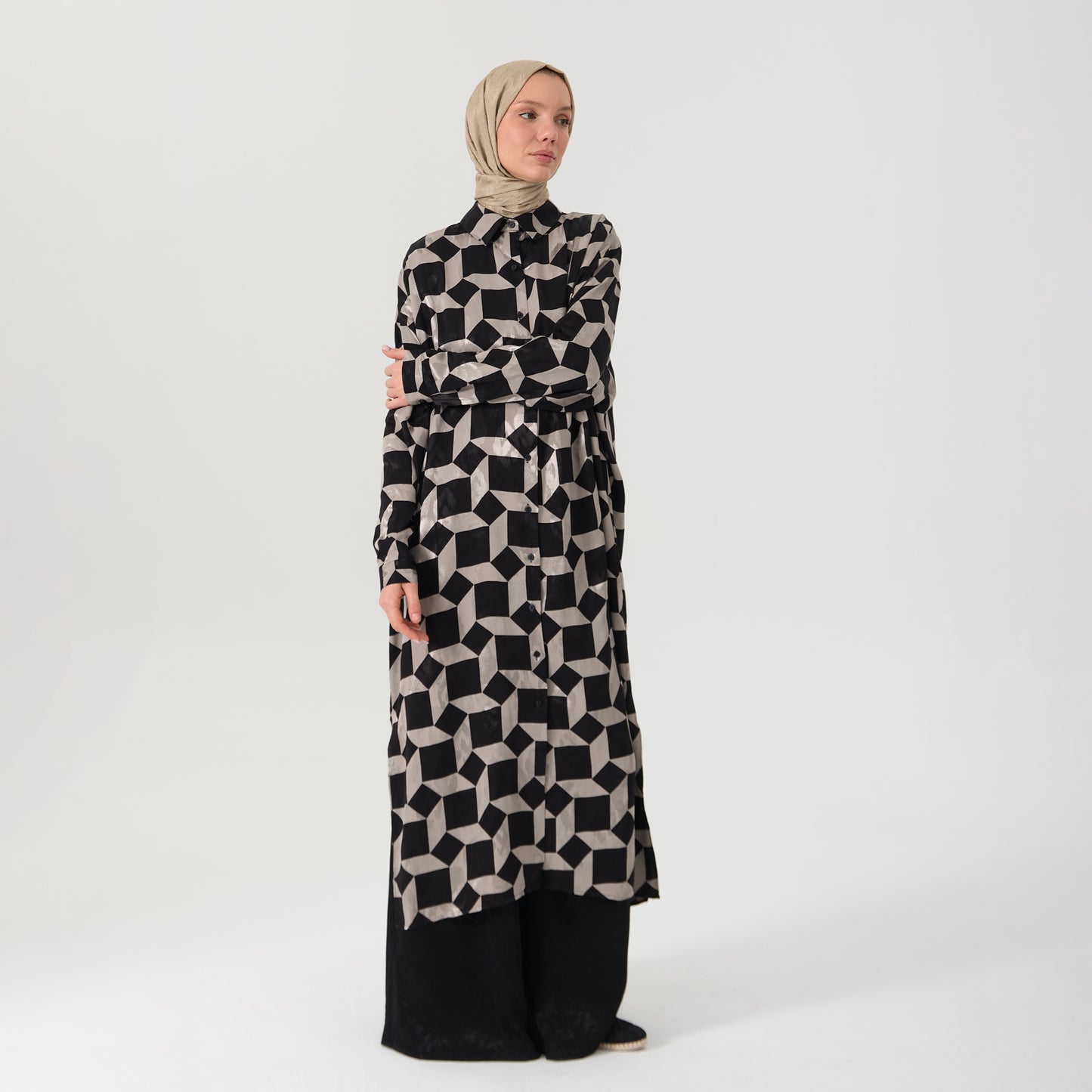 Geometric Pattern Oversized Long Shirt Dress