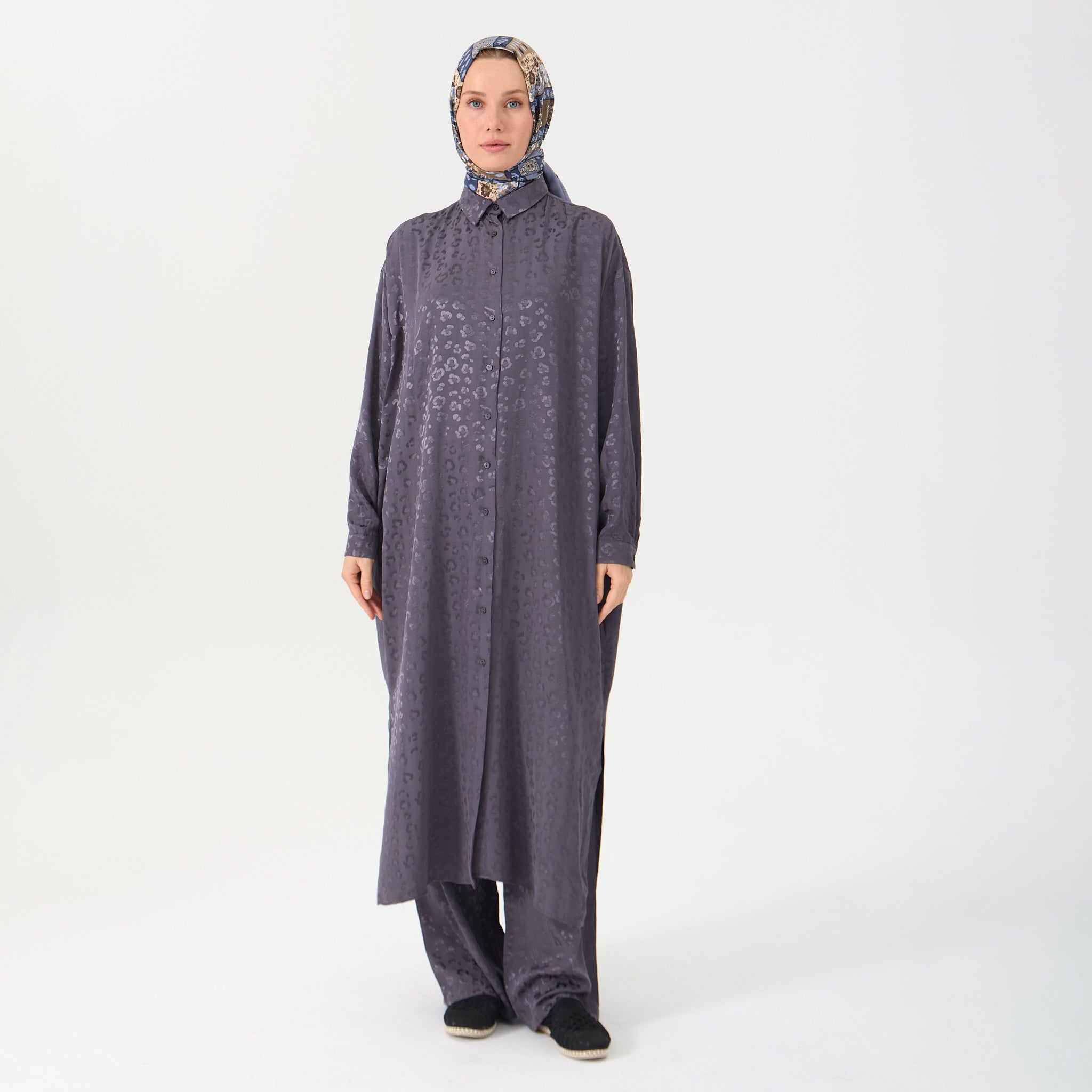 Grey Emboss Co-Ord Set - Oversized Long Shirt and Wide-Leg Pants – EP ...