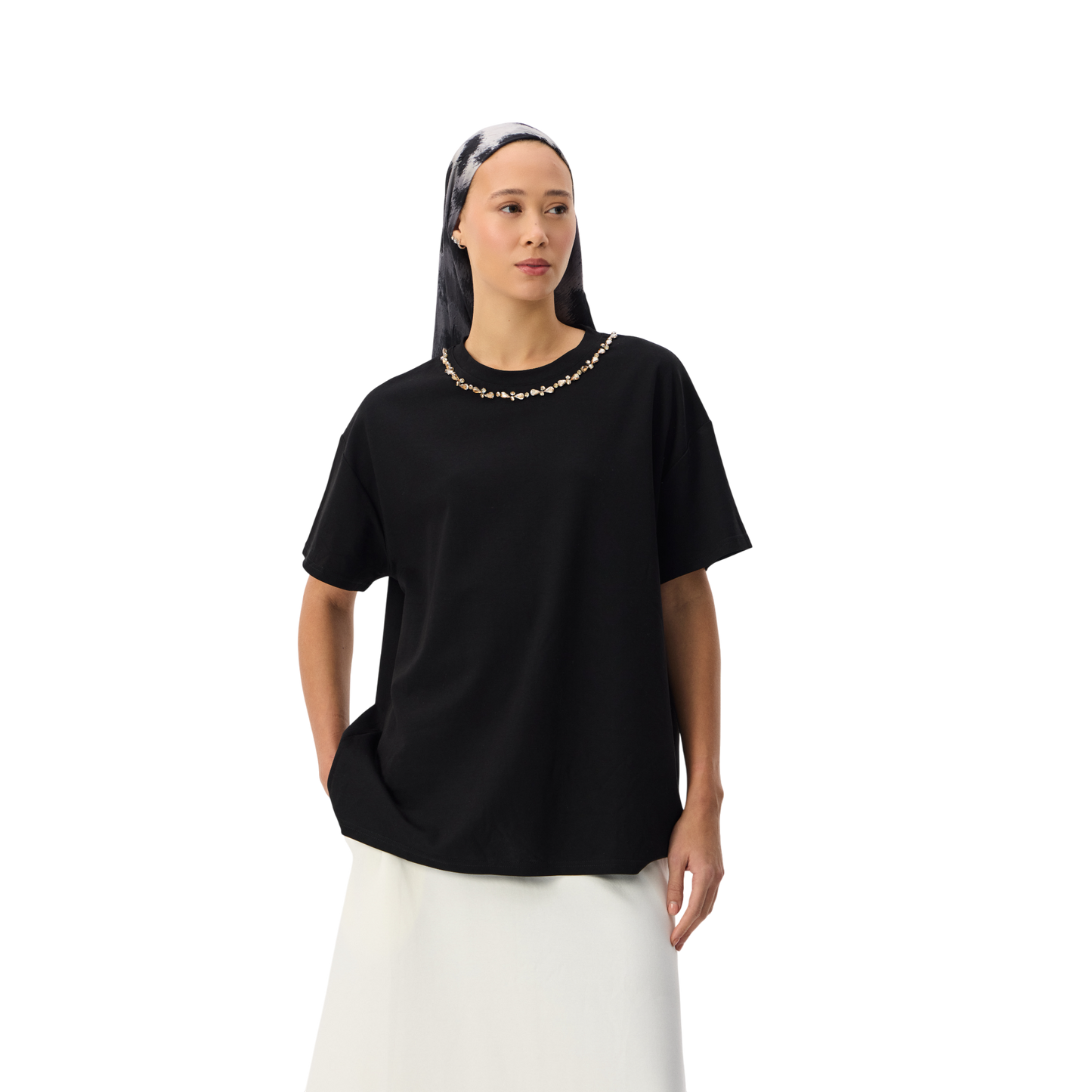 Oversized Black T-shirt With Diamante Neckline