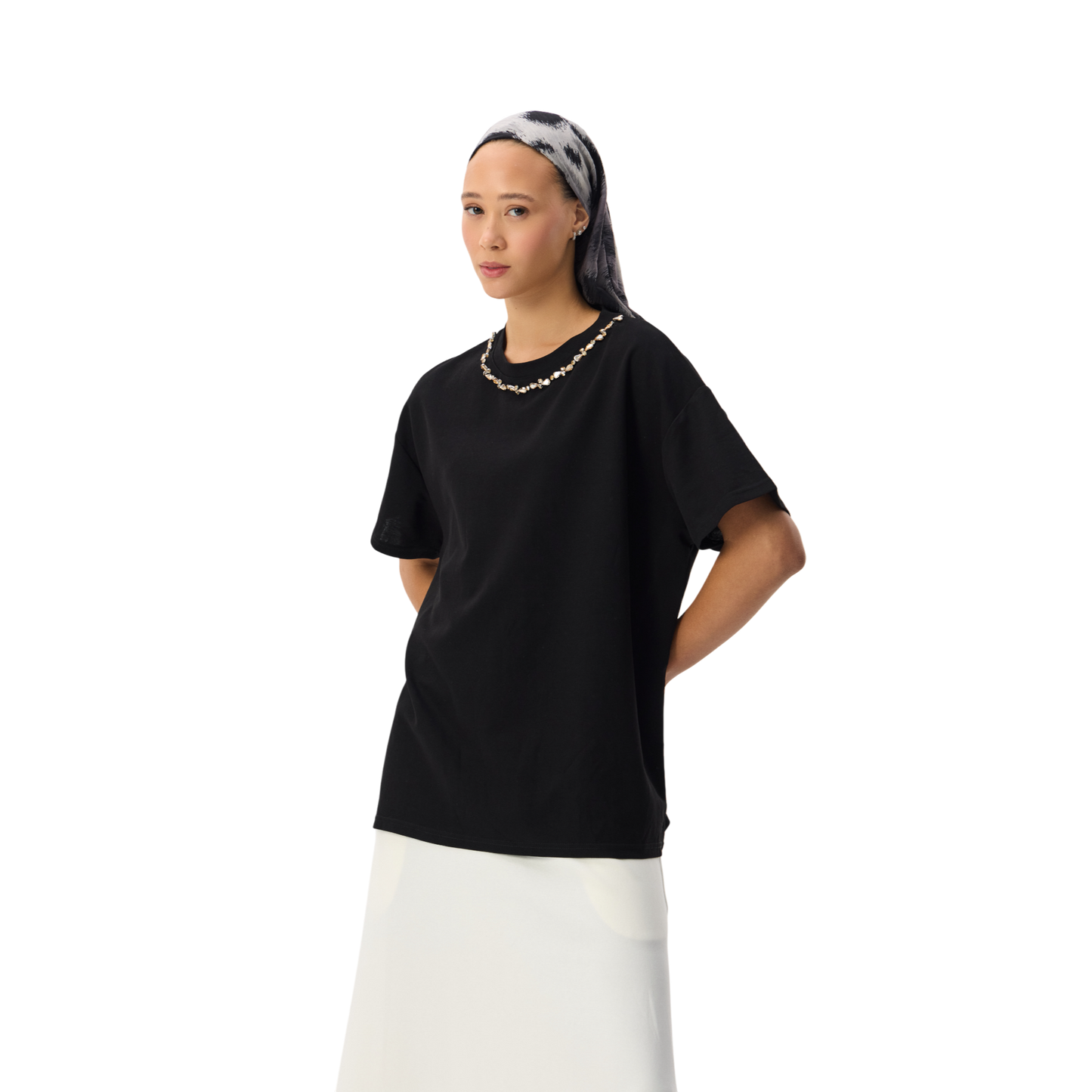 Oversized Black T-shirt With Diamante Neckline