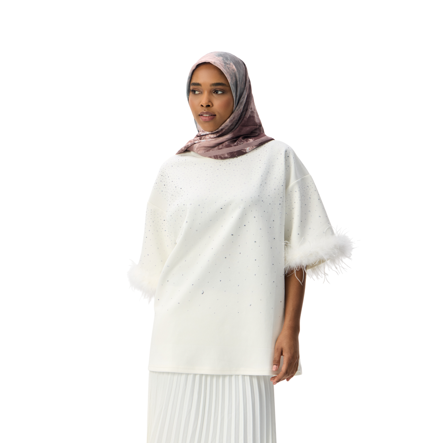 Oversized White T-shirt With Feather Trim Sleeve