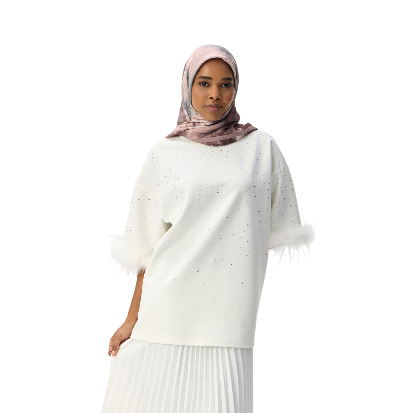 Oversized White T-shirt With Feather Trim Sleeve