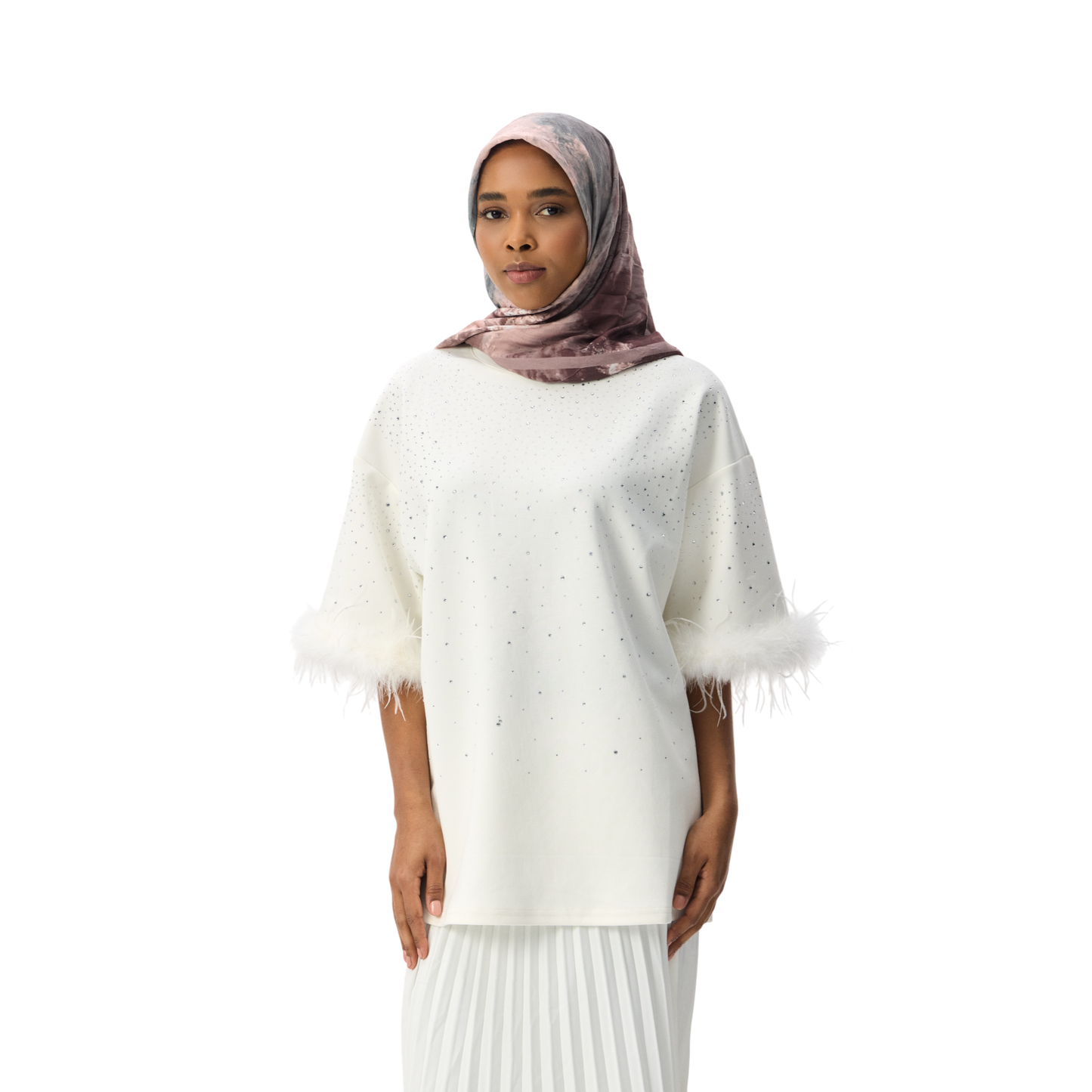 Oversized White T-shirt With Feather Trim Sleeve