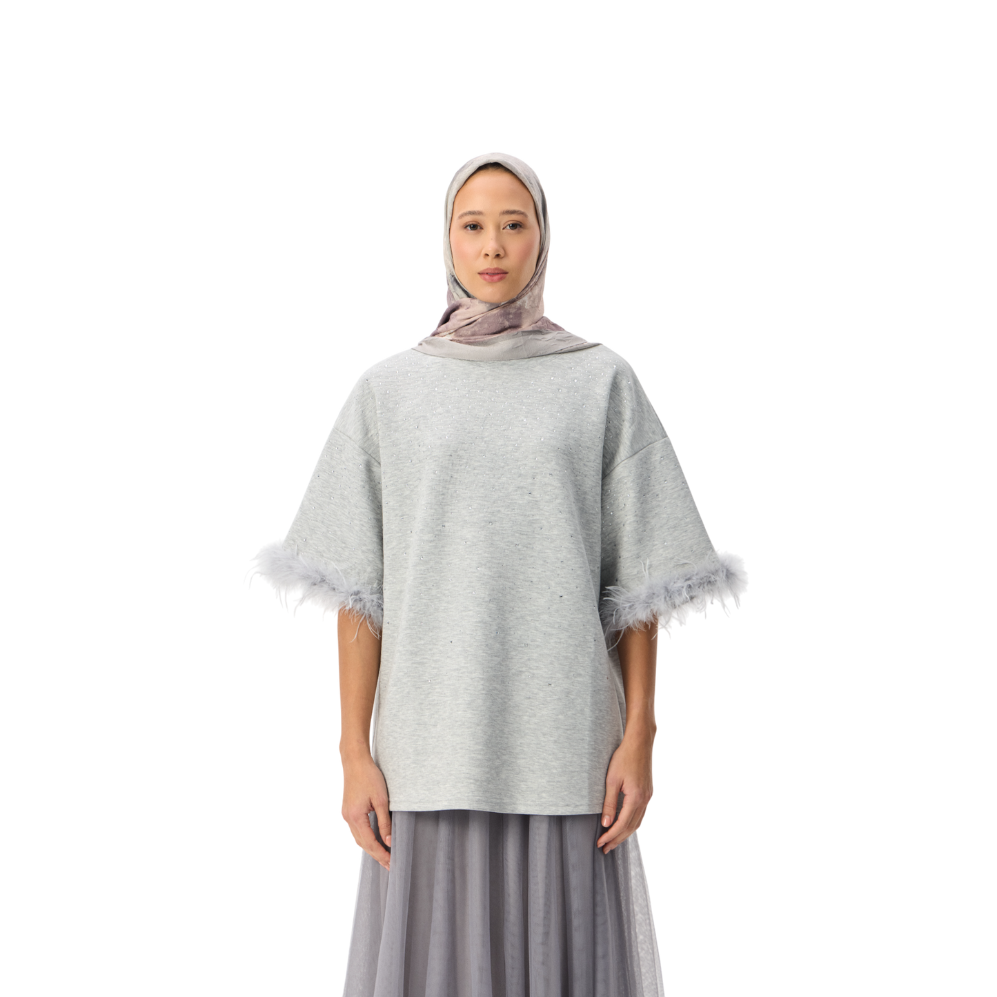 Oversized Grey T-shirt With Feather Trim Sleeve