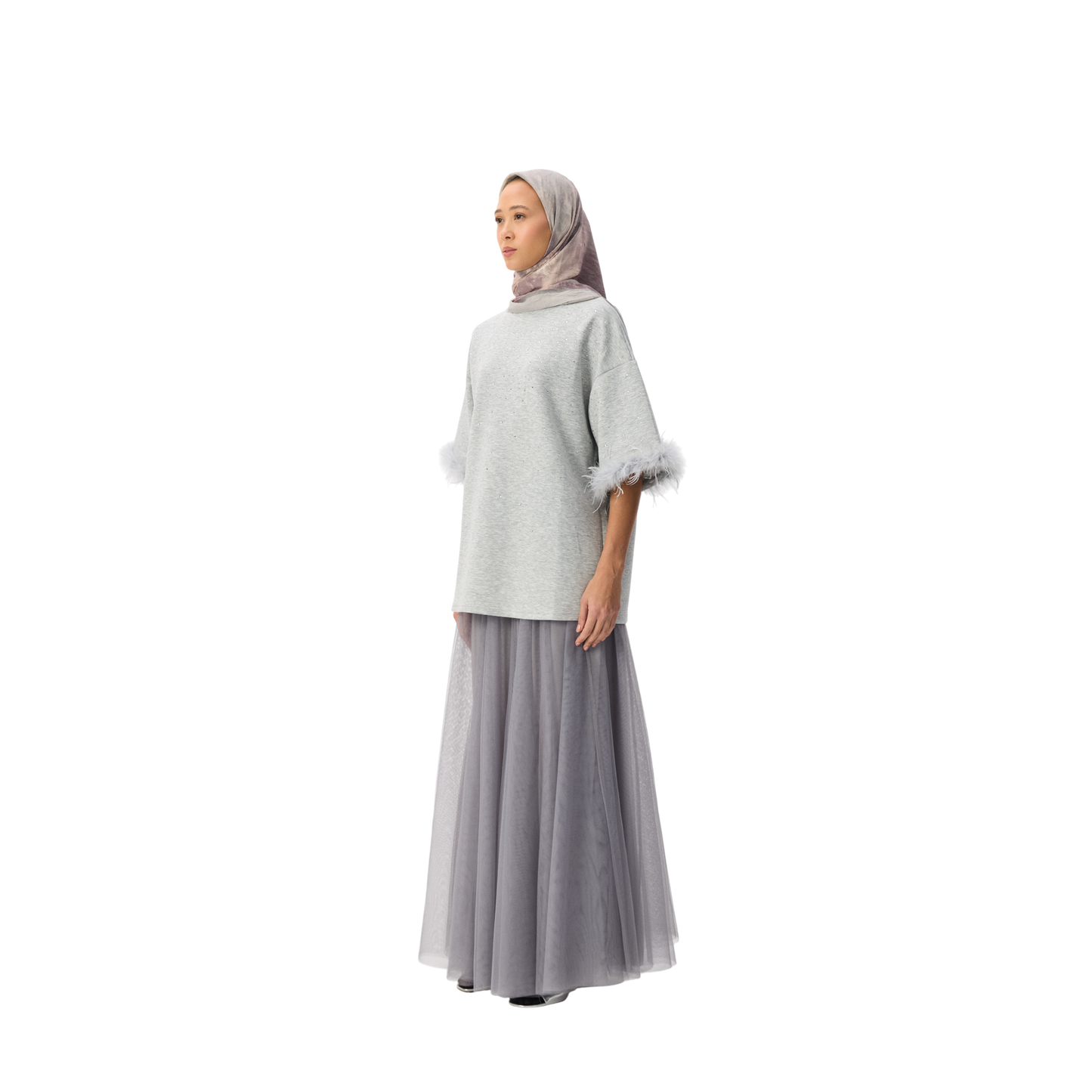 Oversized Grey T-shirt With Feather Trim Sleeve