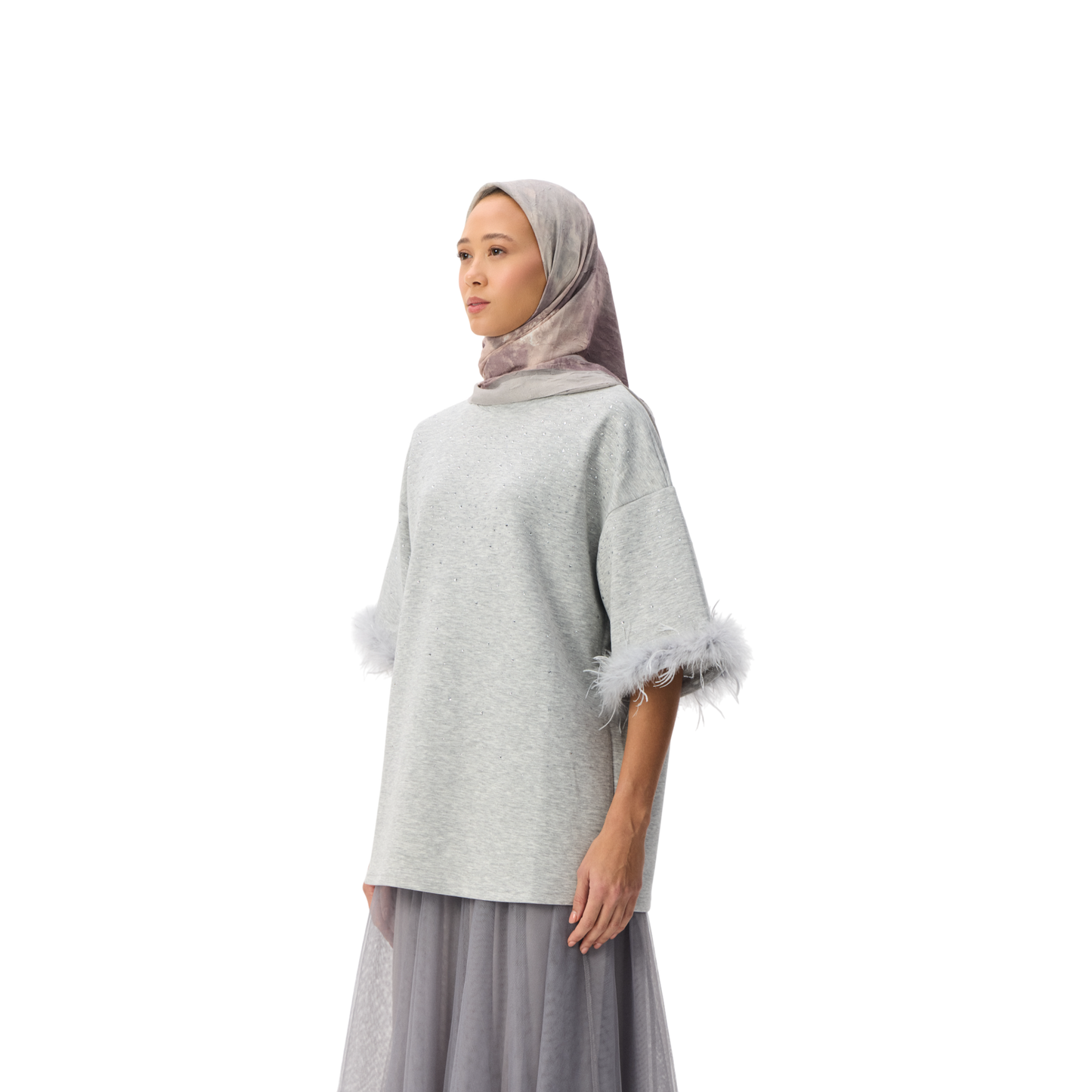 Oversized Grey T-shirt With Feather Trim Sleeve