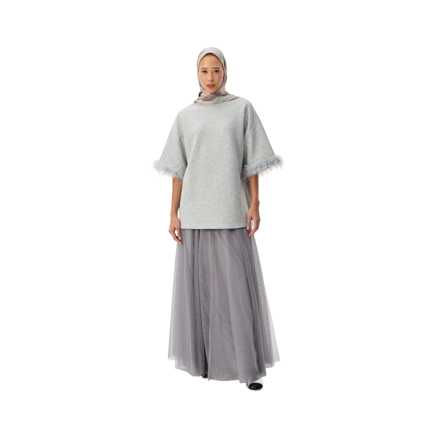 Oversized Grey T-shirt With Feather Trim Sleeve