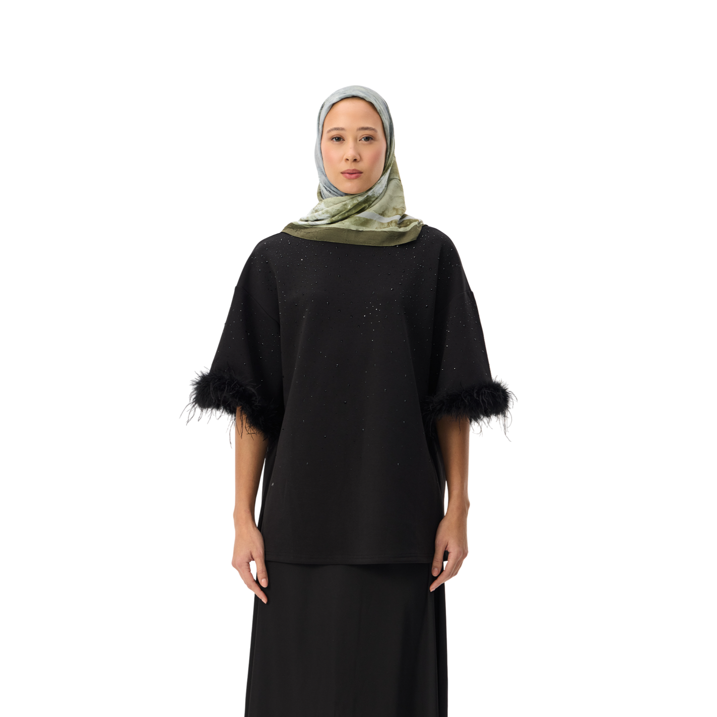 Oversized Black T-shirt With Feather Trim Sleeve