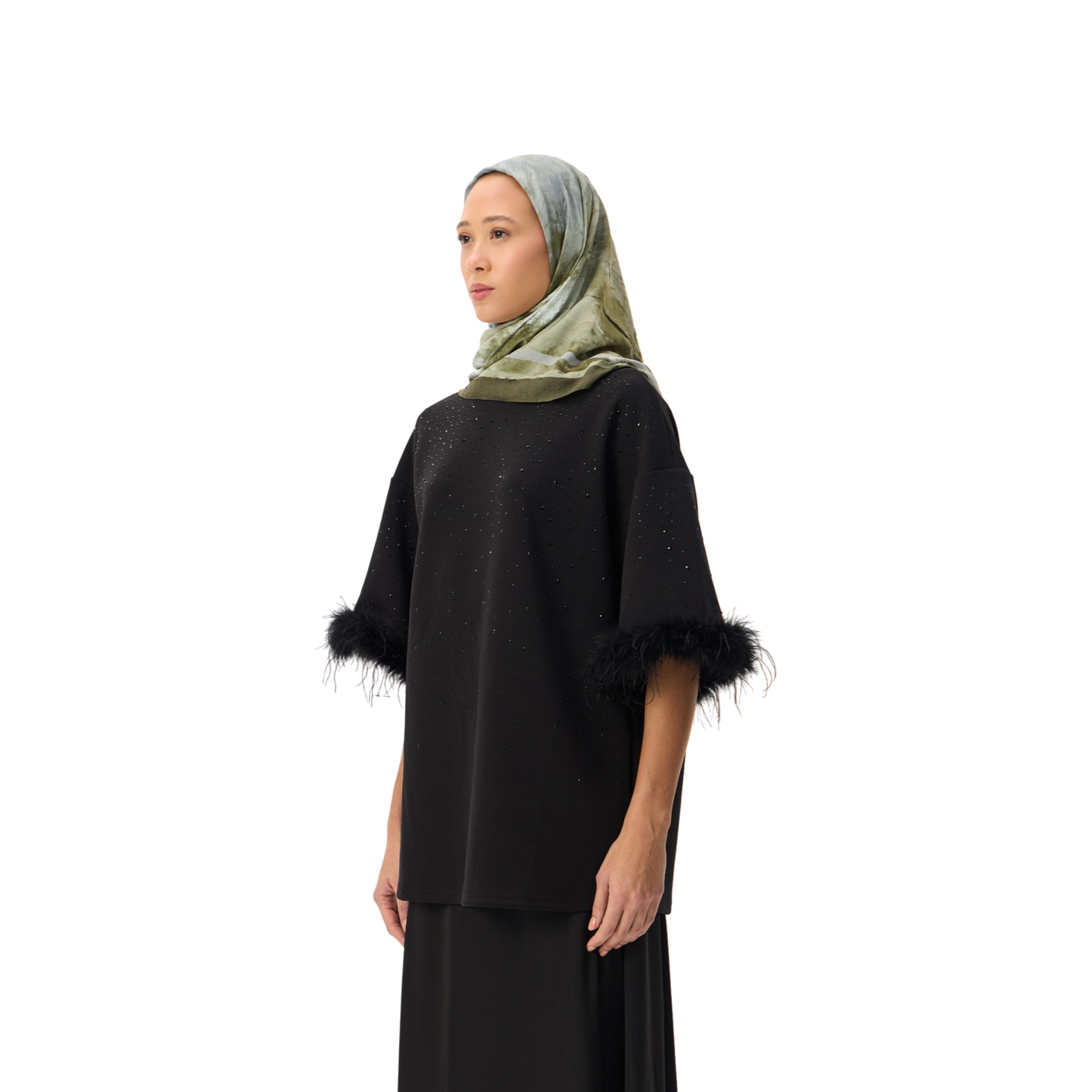 Oversized Black T-shirt With Feather Trim Sleeve