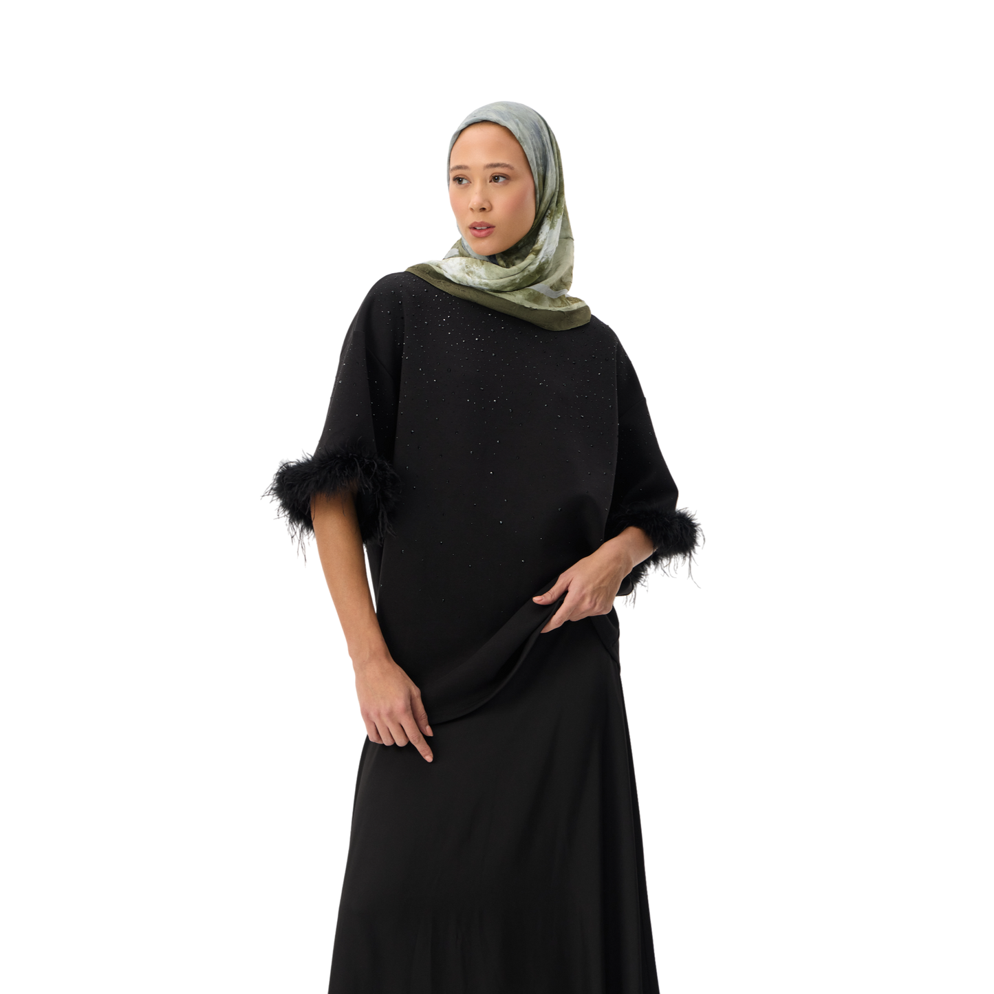 Oversized Black T-shirt With Feather Trim Sleeve
