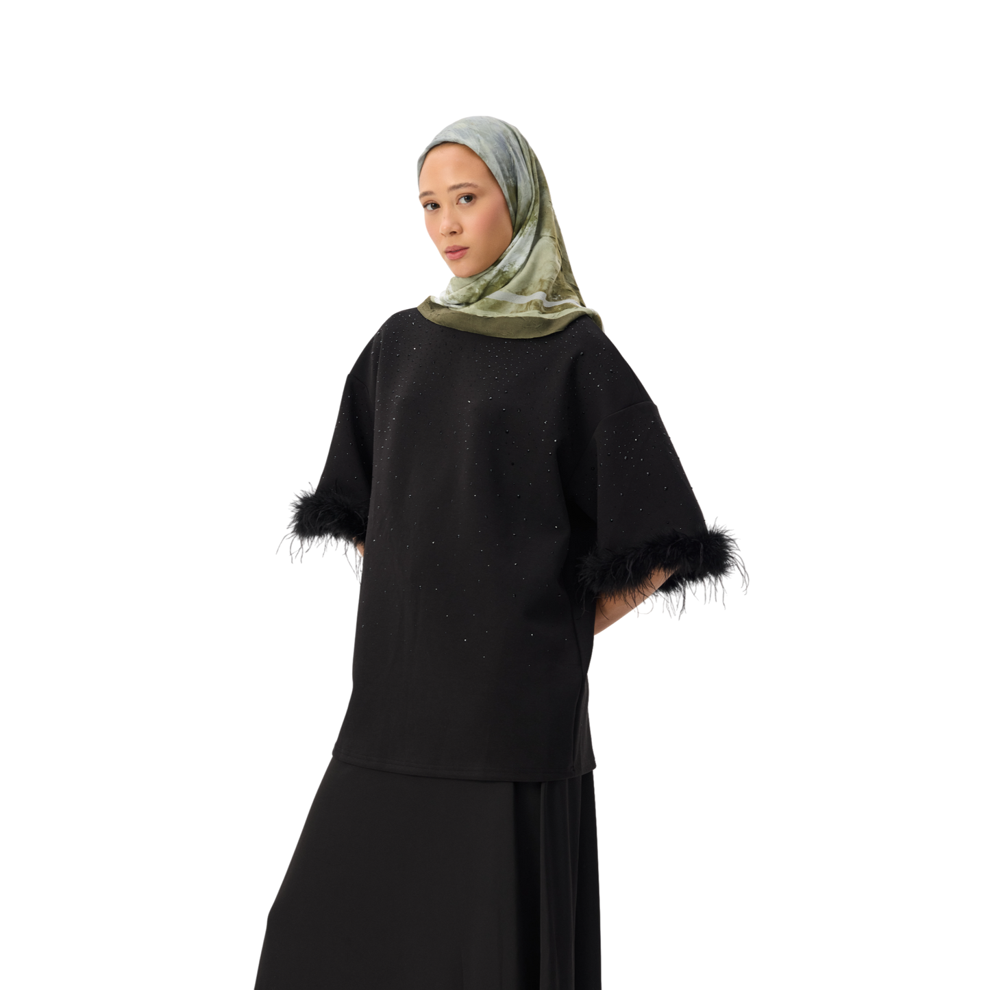 Oversized Black T-shirt With Feather Trim Sleeve