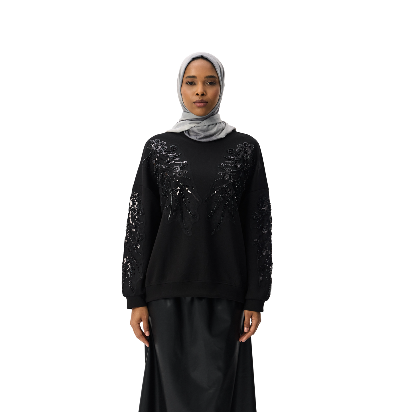 Embroidered Oversized Black Sequin Motif Luxury Scuba Sweatshirt
