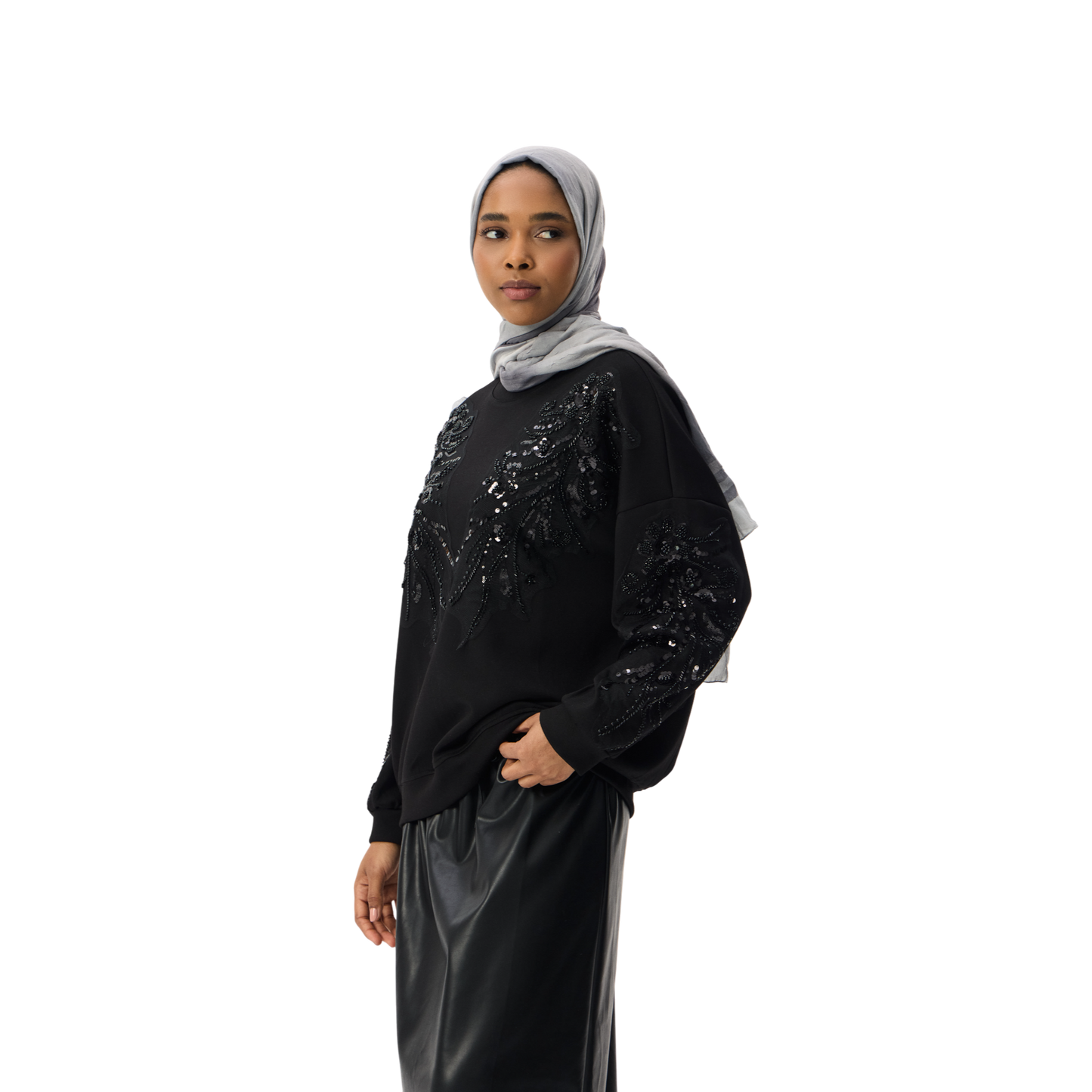 Embroidered Oversized Black Sequin Motif Luxury Scuba Sweatshirt