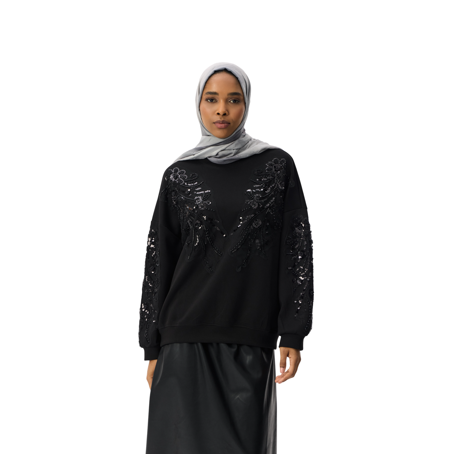 Embroidered Oversized Black Sequin Motif Luxury Scuba Sweatshirt