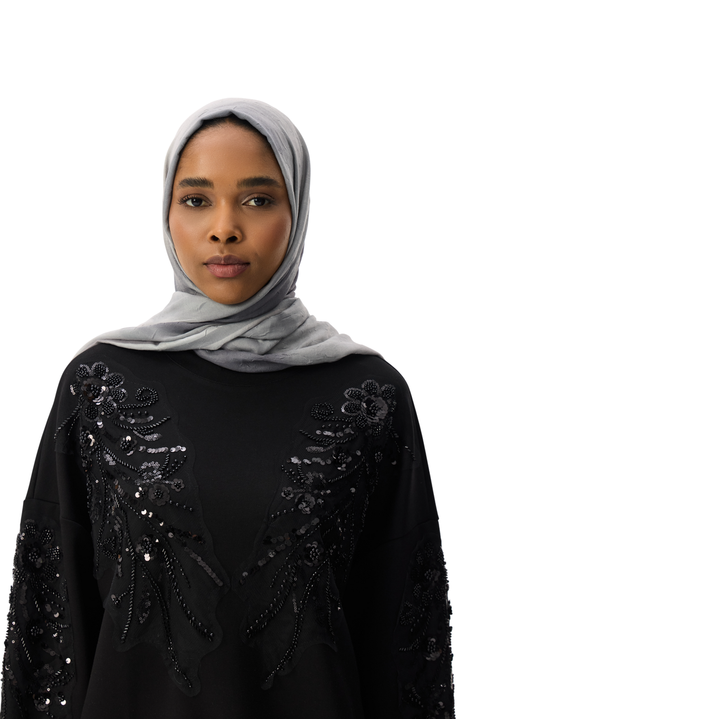 Embroidered Oversized Black Sequin Motif Luxury Scuba Sweatshirt