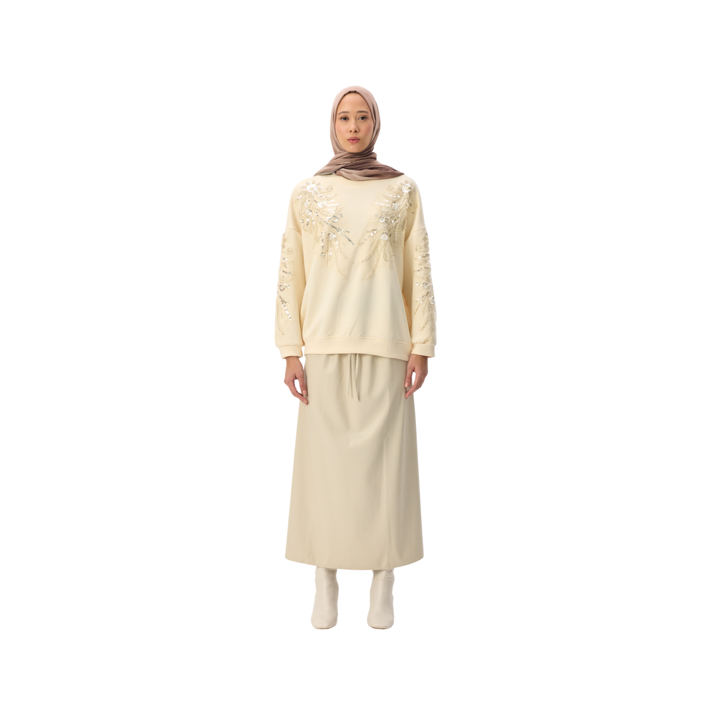 Embroidered Oversized Cream Sequin Motif Luxury Scuba Sweatshirt