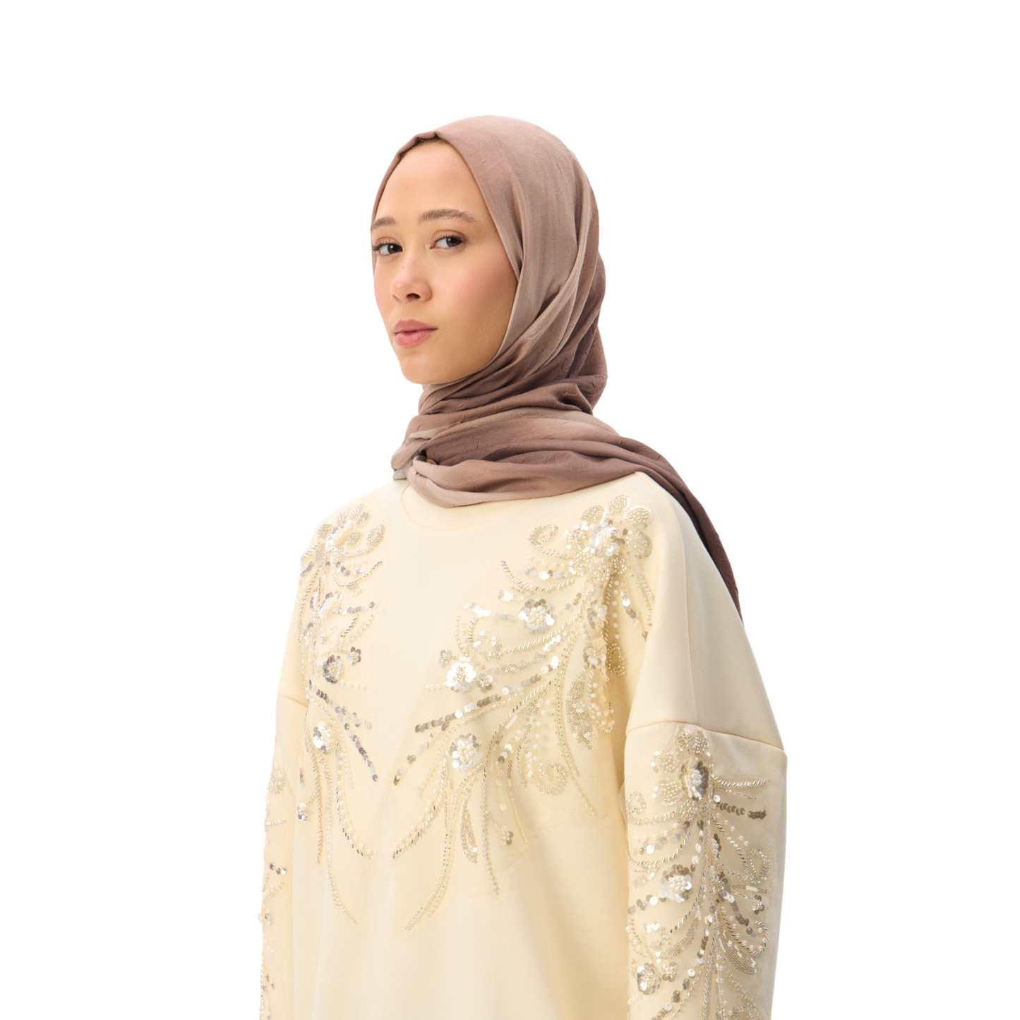 Embroidered Oversized Cream Sequin Motif Luxury Scuba Sweatshirt