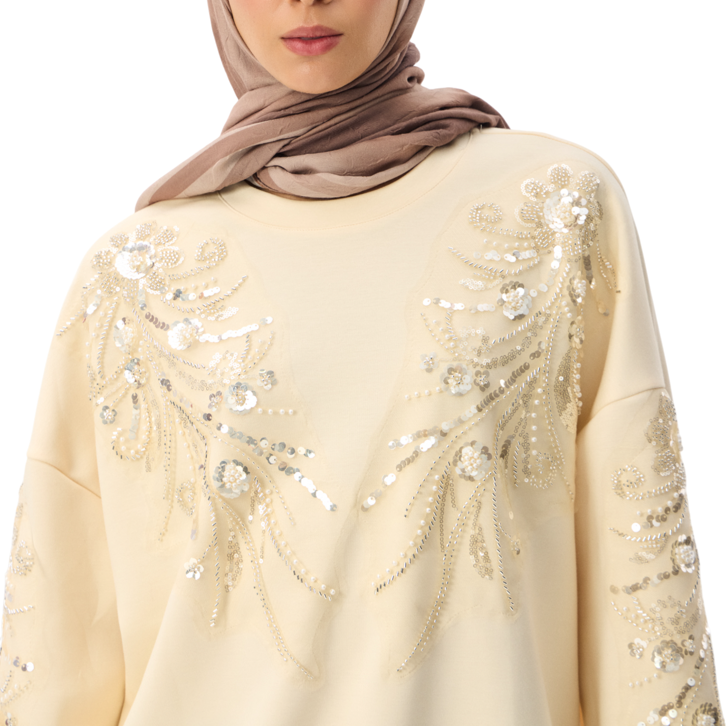Embroidered Oversized Cream Sequin Motif Luxury Scuba Sweatshirt