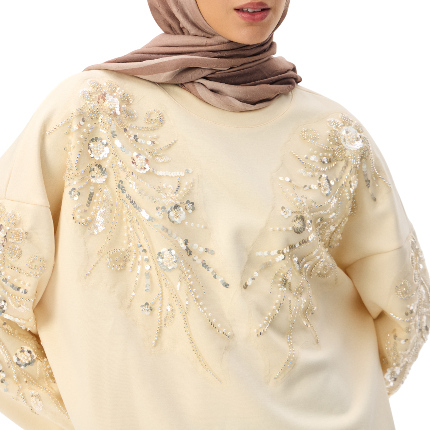 Embroidered Oversized Cream Sequin Motif Luxury Scuba Sweatshirt