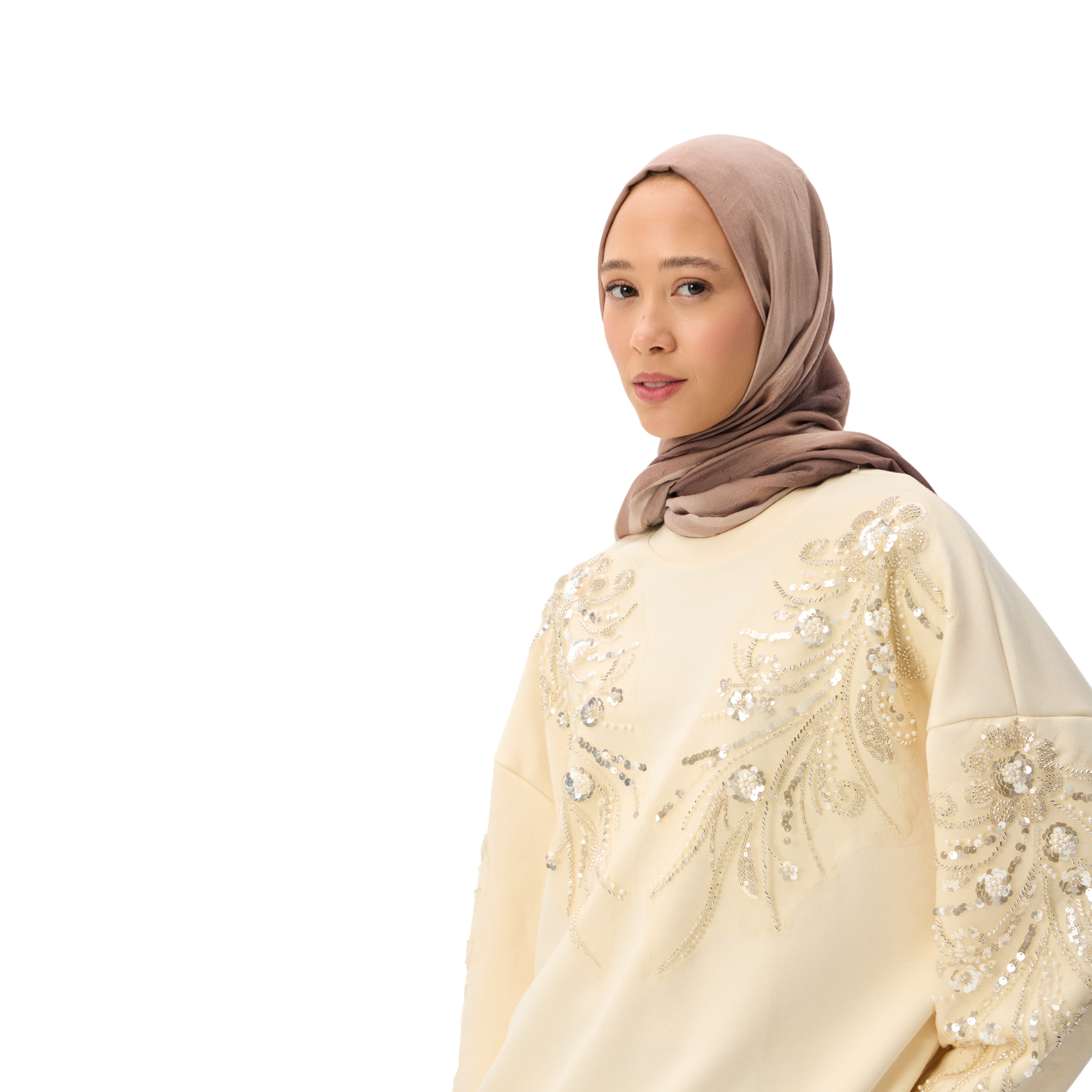 Embroidered Oversized Cream Sequin Motif Luxury Scuba Sweatshirt