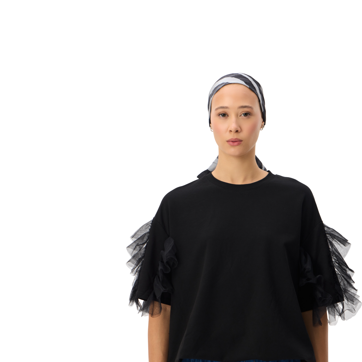 Oversized Black T-shirt With Ruffle Sleeve Detail