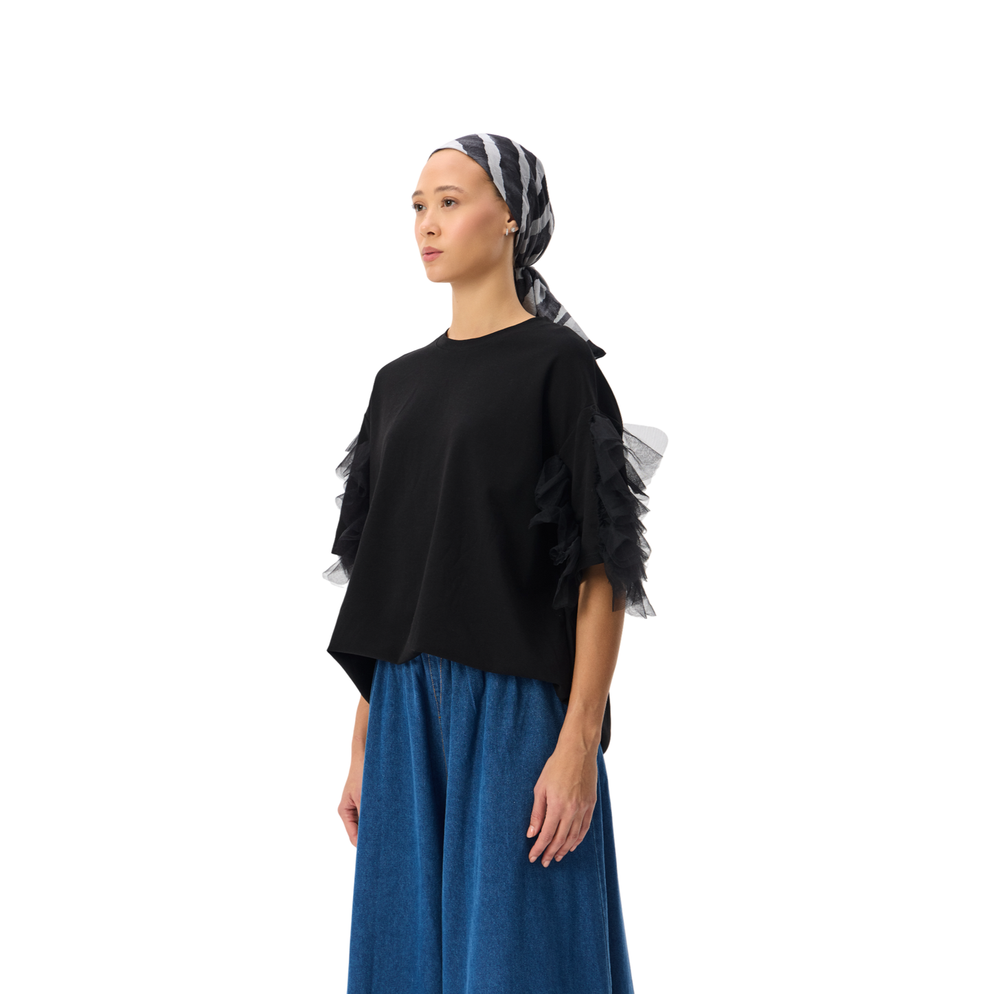 Oversized Black T-shirt With Ruffle Sleeve Detail