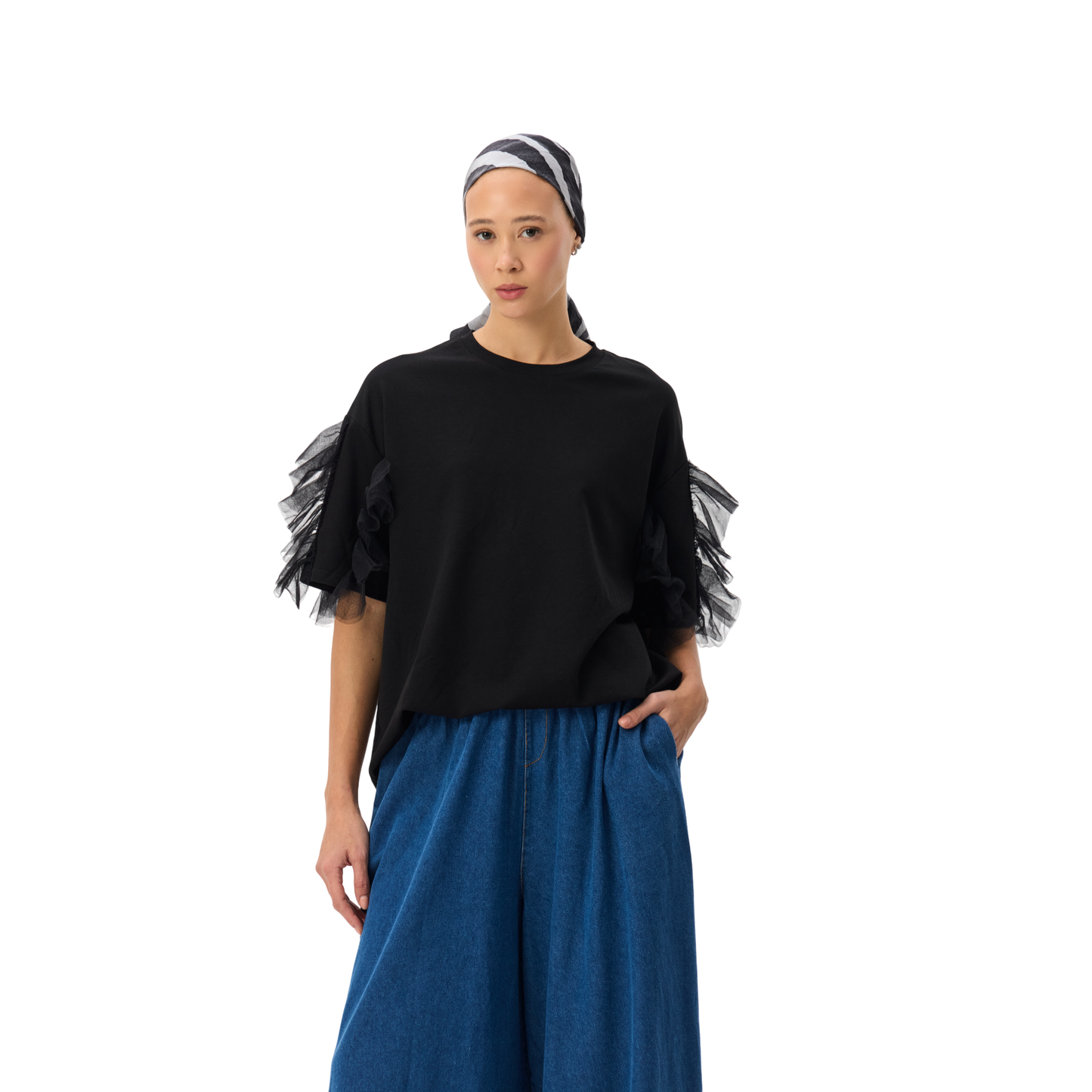 Oversized Black T-shirt With Ruffle Sleeve Detail