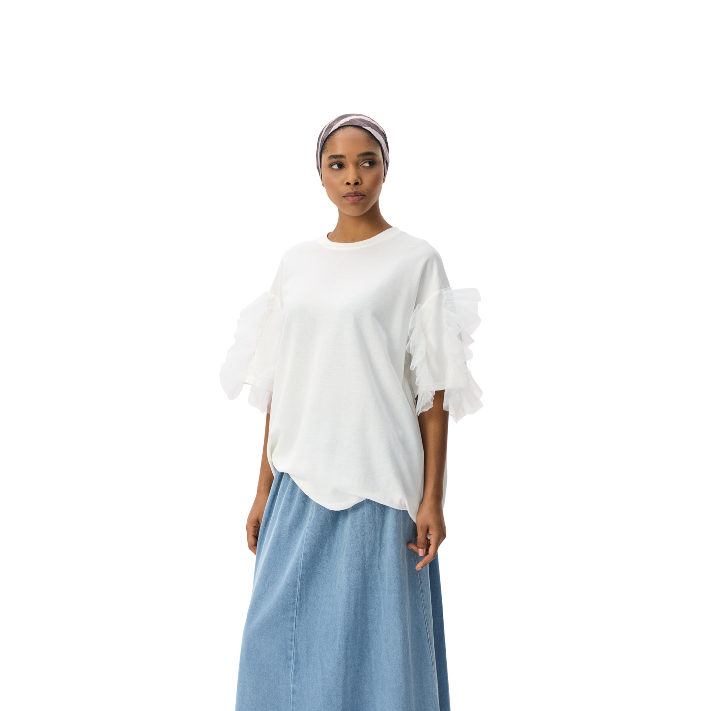 Oversized White T-shirt With Ruffle Sleeve Detail