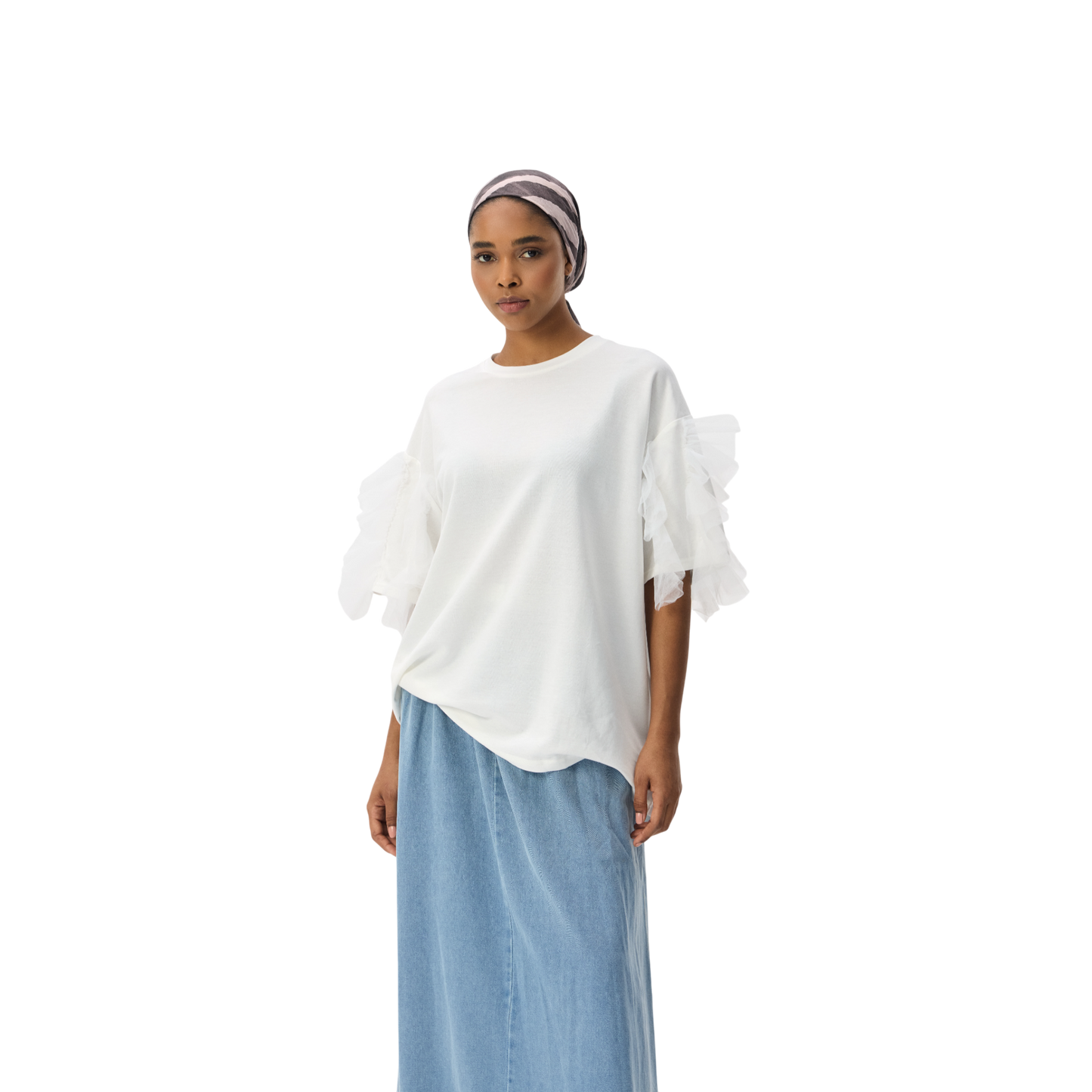Oversized White T-shirt With Ruffle Sleeve Detail