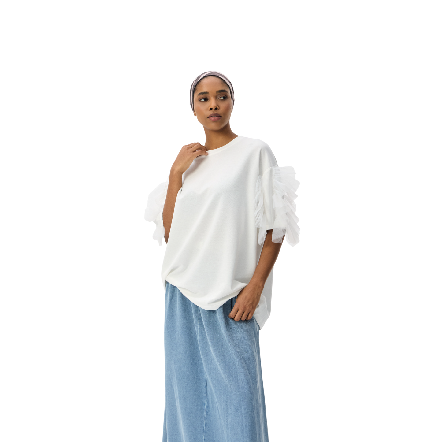 Oversized White T-shirt With Ruffle Sleeve Detail