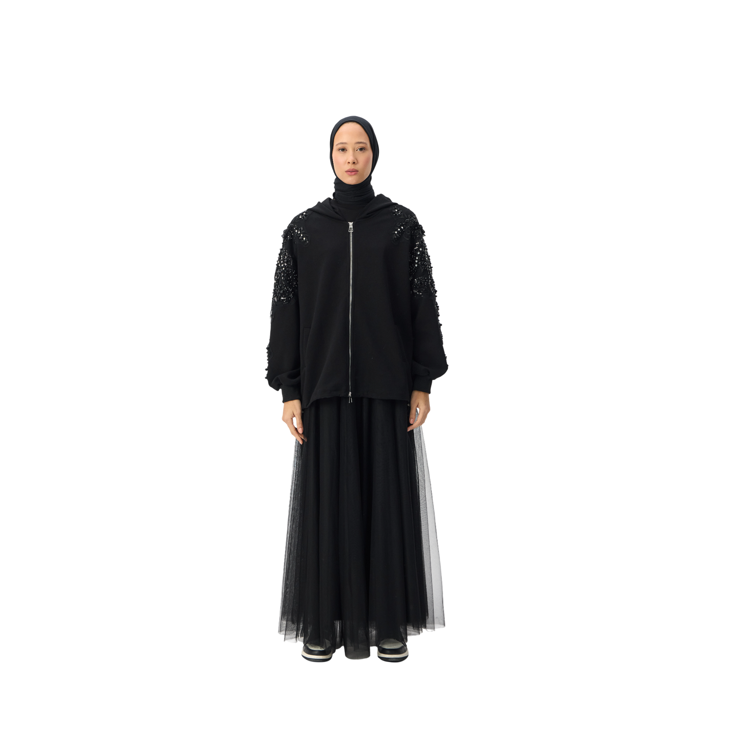 Embellished Oversized Black Sleeve Zip-Up Hoodie Luxary Scuba Hoodie