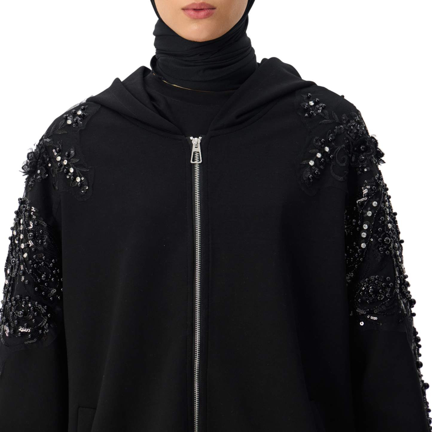 Embellished Oversized Black Sleeve Zip-Up Hoodie Luxary Scuba Hoodie