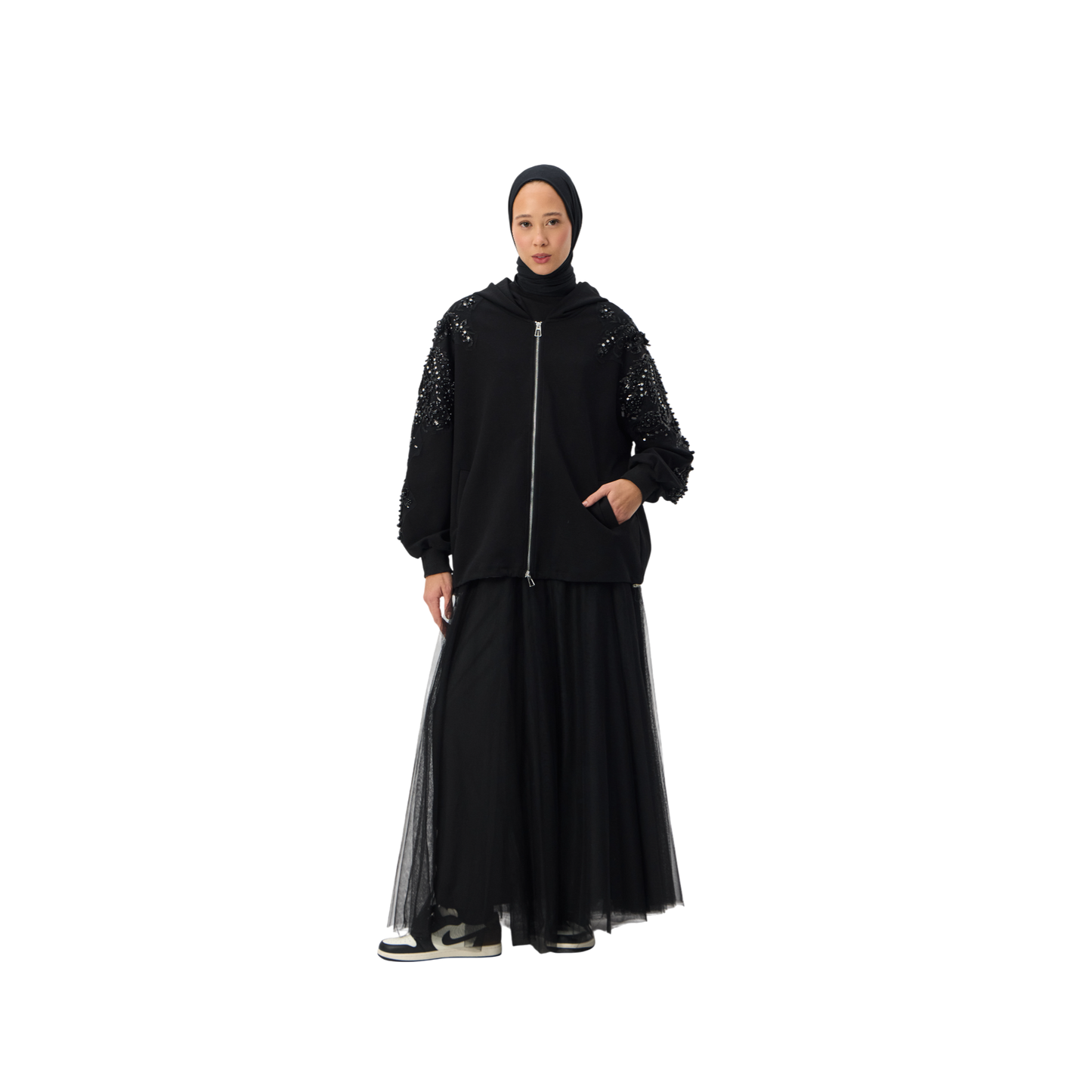 Embellished Oversized Black Sleeve Zip-Up Hoodie Luxary Scuba Hoodie