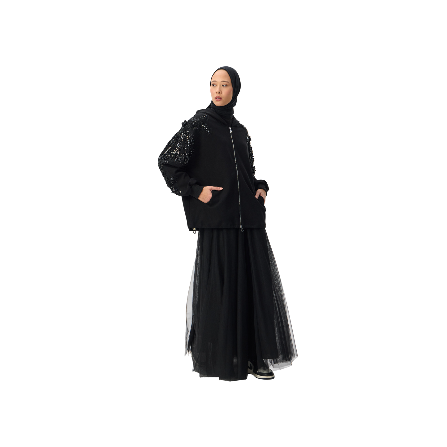 Embellished Oversized Black Sleeve Zip-Up Hoodie Luxary Scuba Hoodie