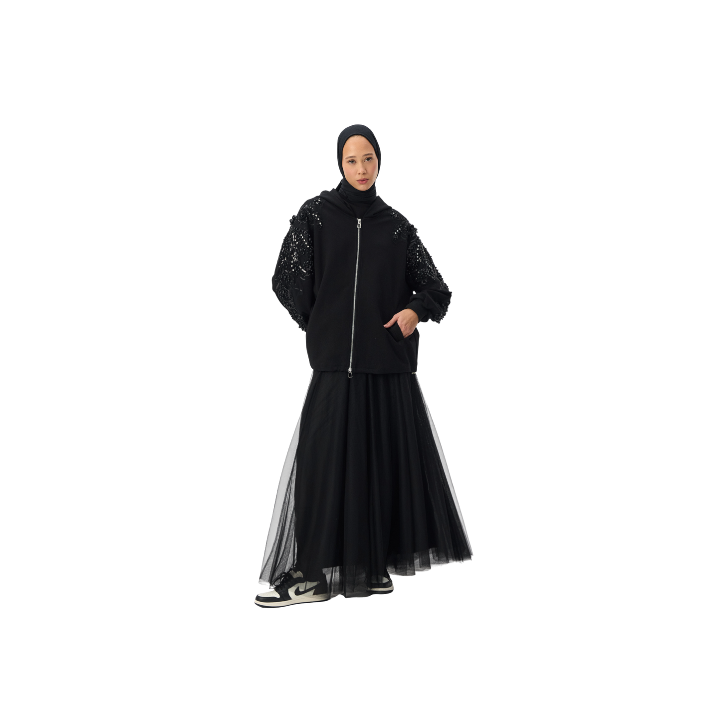 Embellished Oversized Black Sleeve Zip-Up Hoodie Luxary Scuba Hoodie