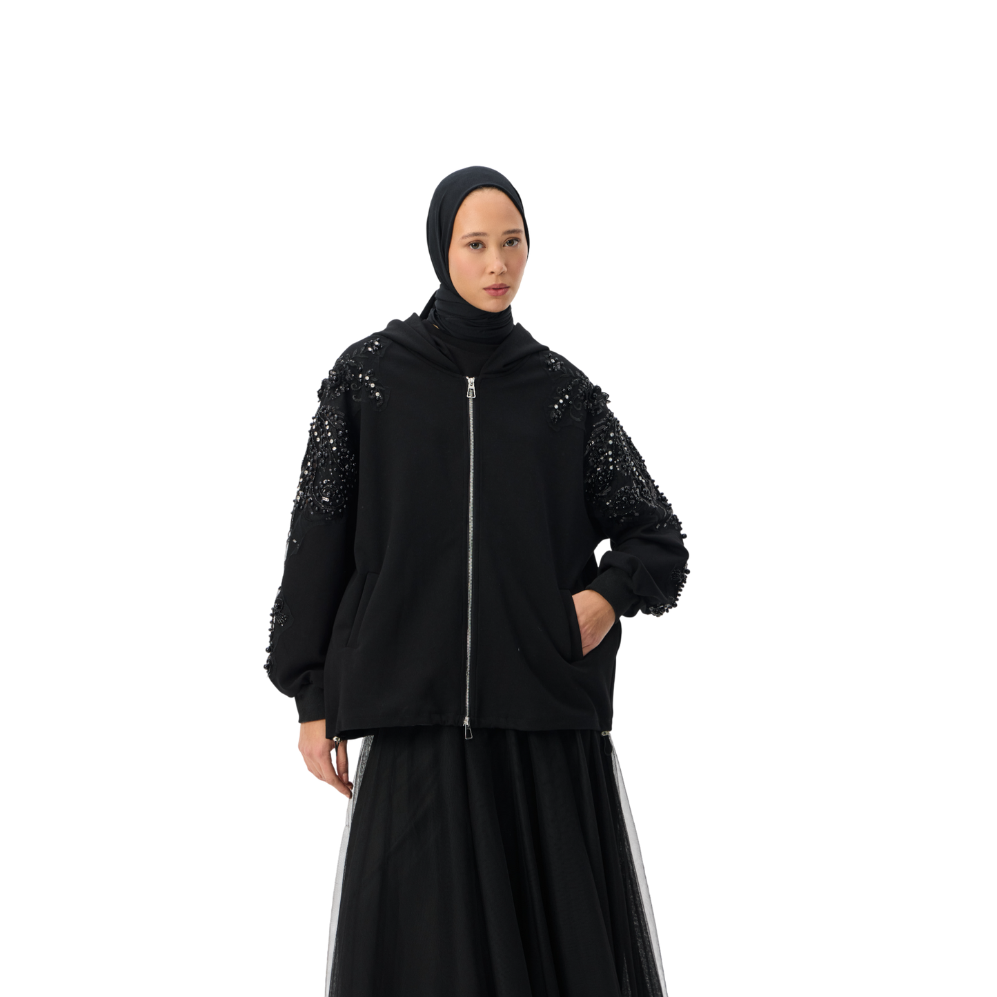 Embellished Oversized Black Sleeve Zip-Up Hoodie Luxary Scuba Hoodie
