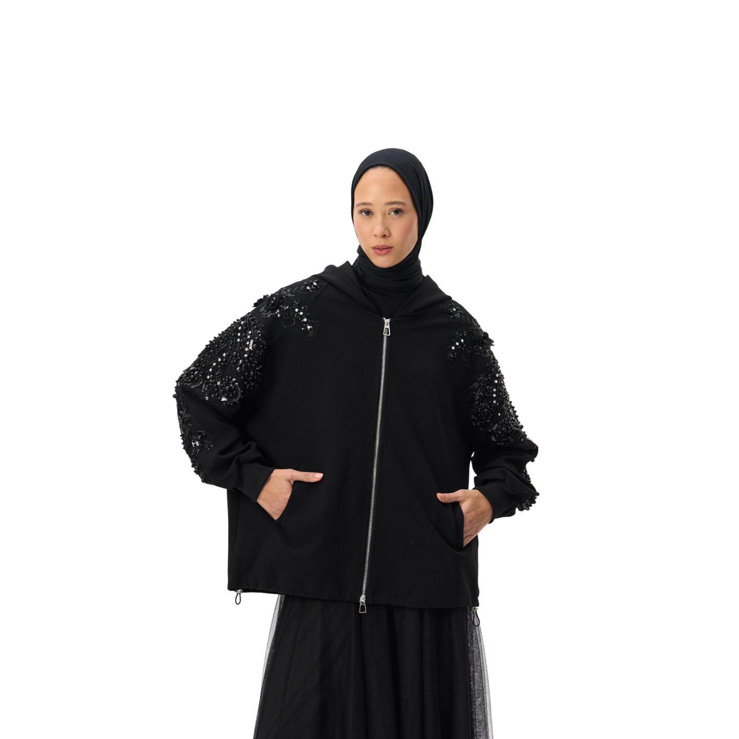 Embellished Oversized Black Sleeve Zip-Up Hoodie Luxary Scuba Hoodie
