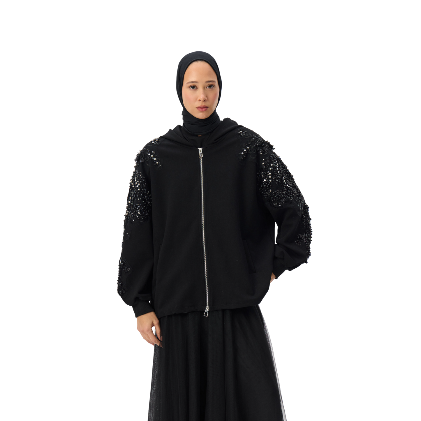 Embellished Oversized Black Sleeve Zip-Up Hoodie Luxary Scuba Hoodie