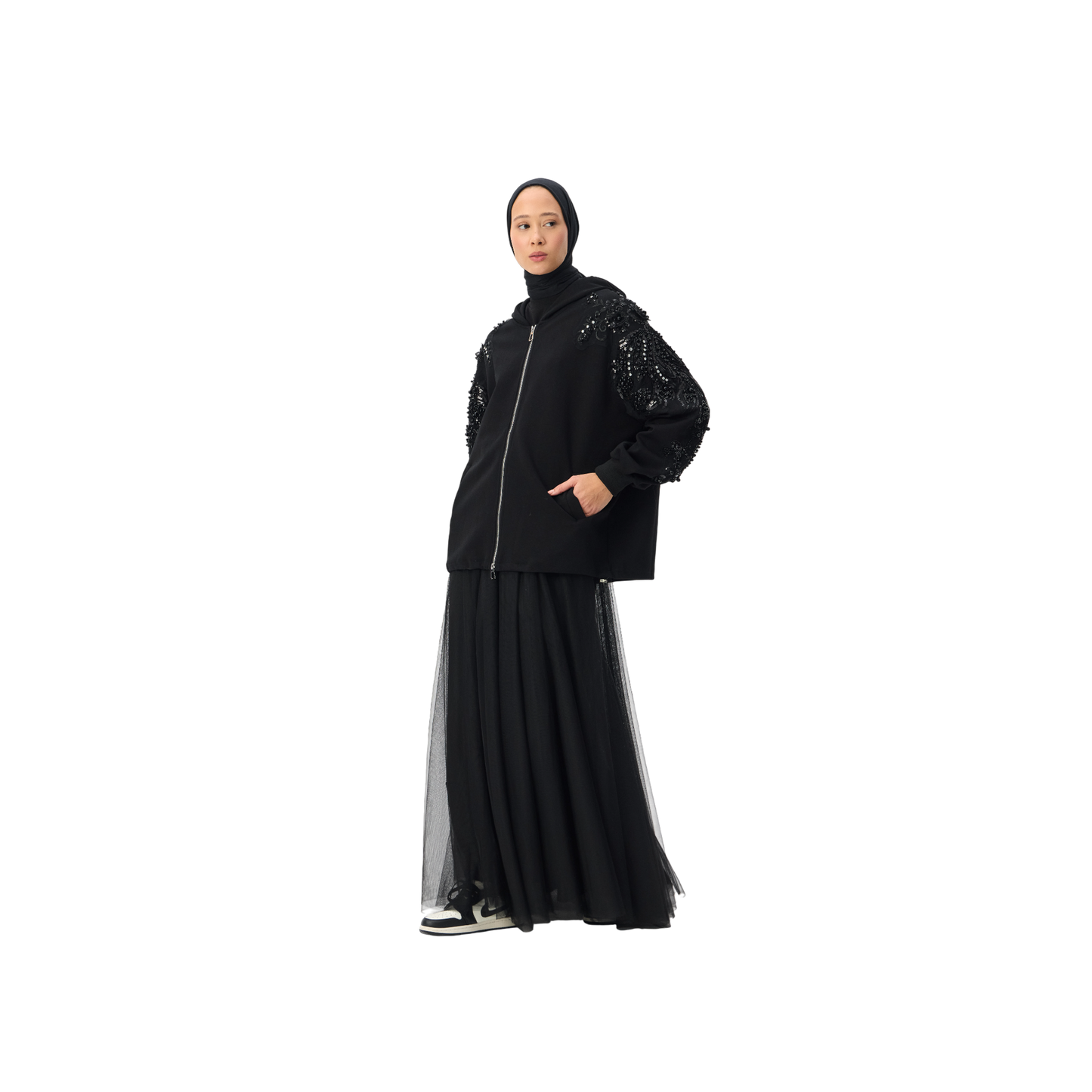Embellished Oversized Black Sleeve Zip-Up Hoodie Luxary Scuba Hoodie
