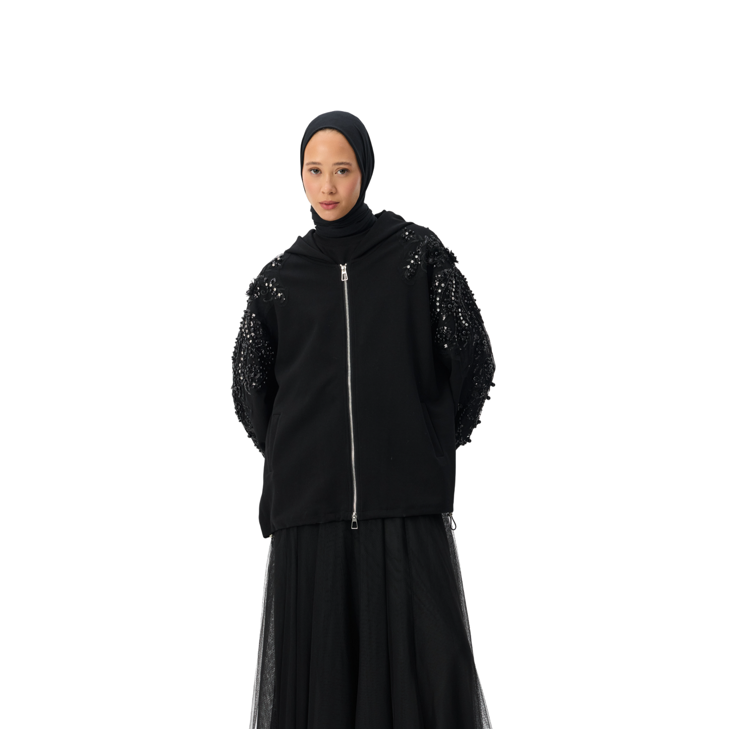 Embellished Oversized Black Sleeve Zip-Up Hoodie Luxary Scuba Hoodie