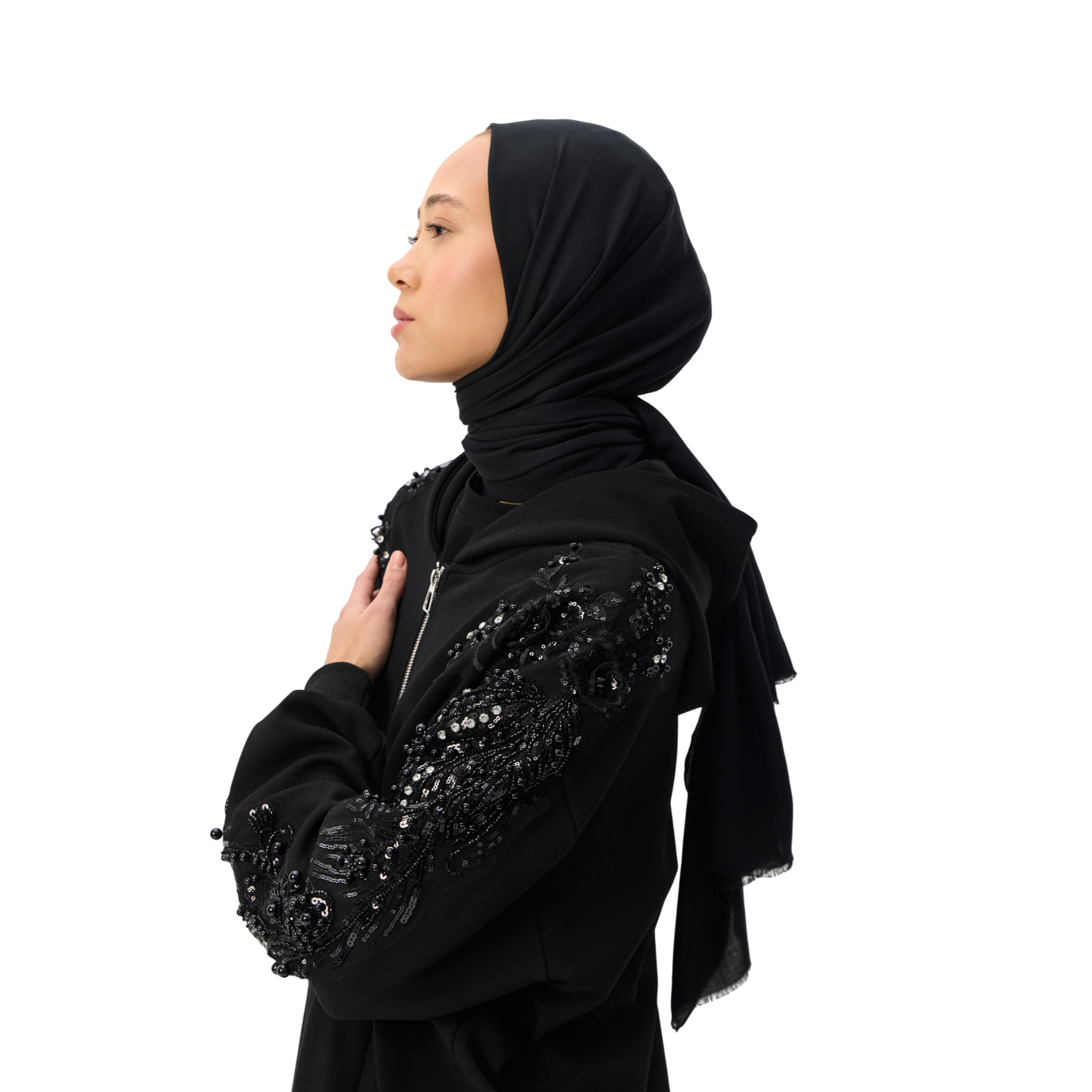 Embellished Oversized Black Sleeve Zip-Up Hoodie Luxary Scuba Hoodie