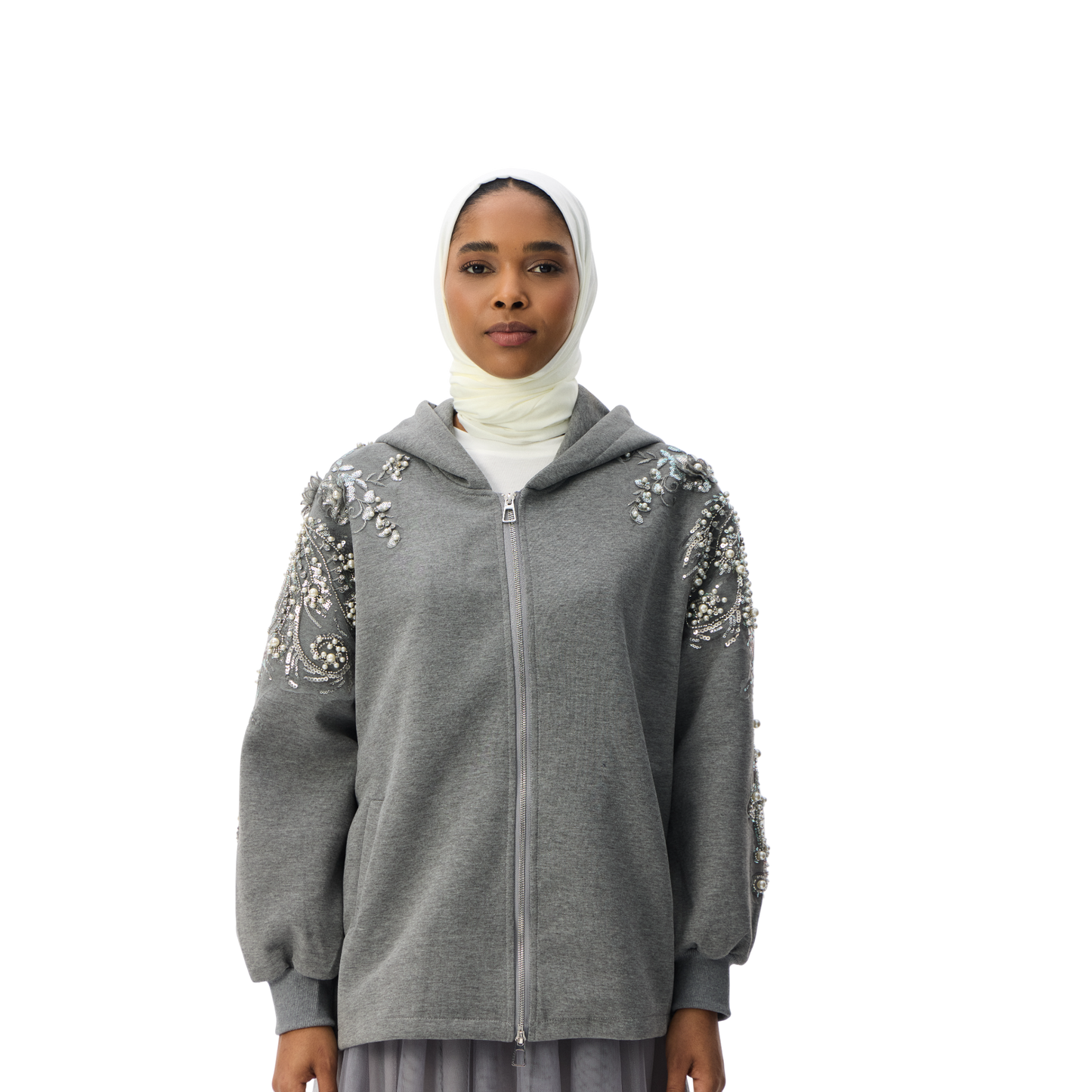 Embellished Oversized Grey Sleeve Zip-Up Luxury Scuba Hoodie