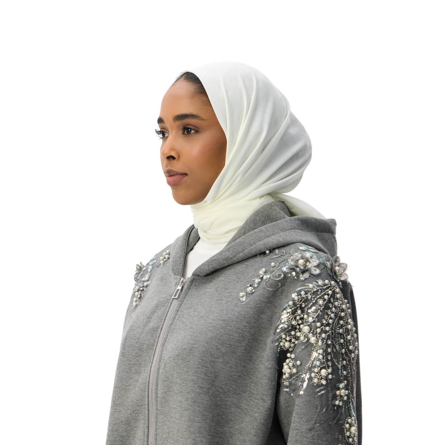 Embellished Oversized Grey Sleeve Zip-Up Luxury Scuba Hoodie