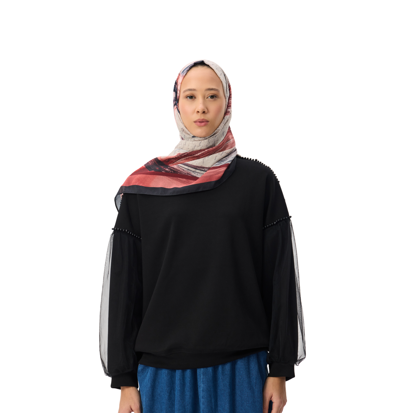 Oversized Beaded Black Shoulder Sheer Sleeve Luxury Scuba Sweatshirt